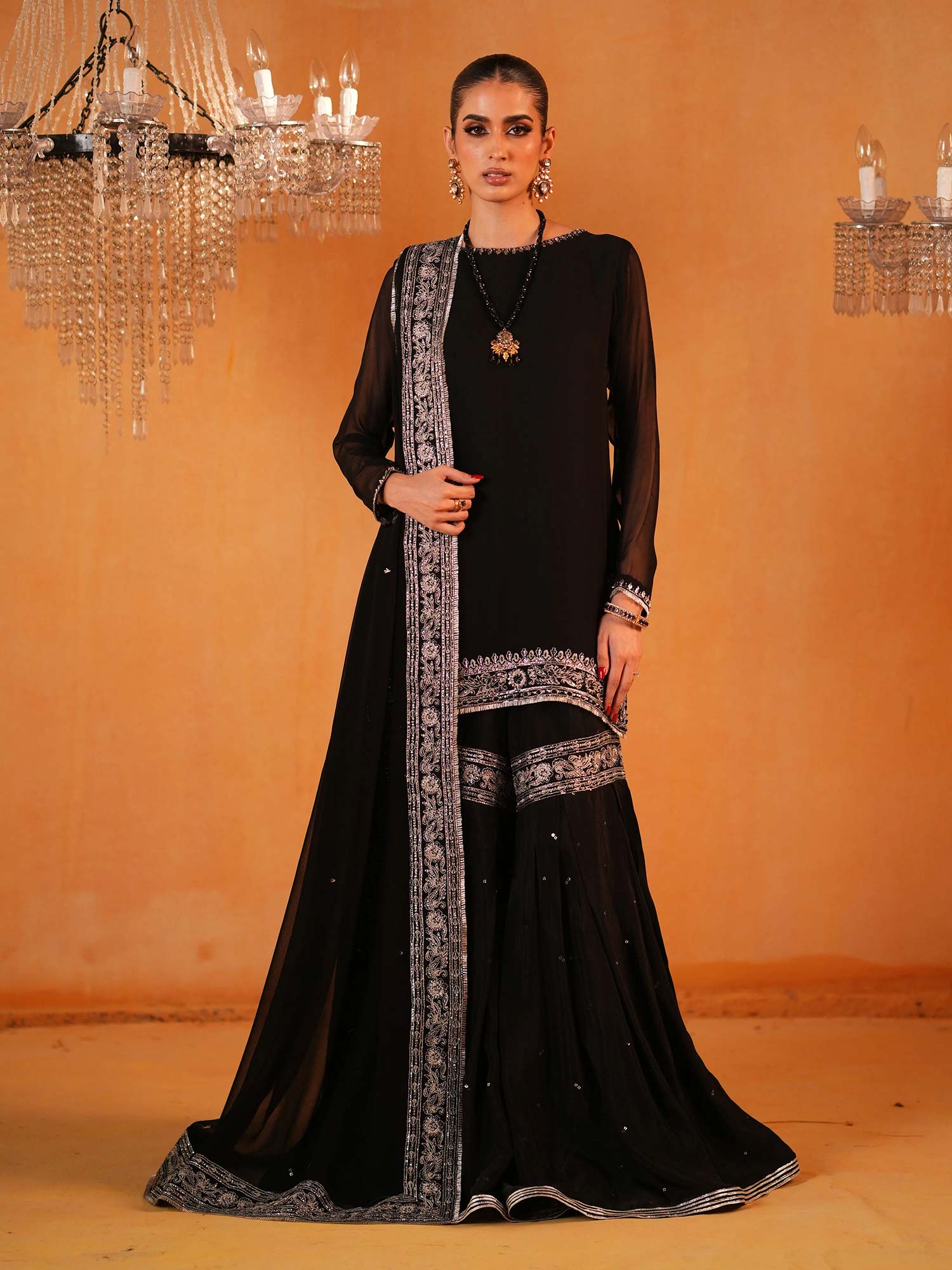 Zarqun Luxury Chiffon Suit with Gharara - Black (2440A)