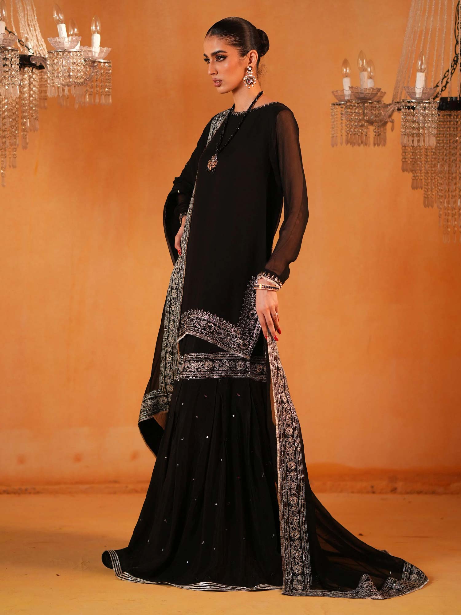 Zarqun Luxury Chiffon Suit with Gharara - Black (2440A)