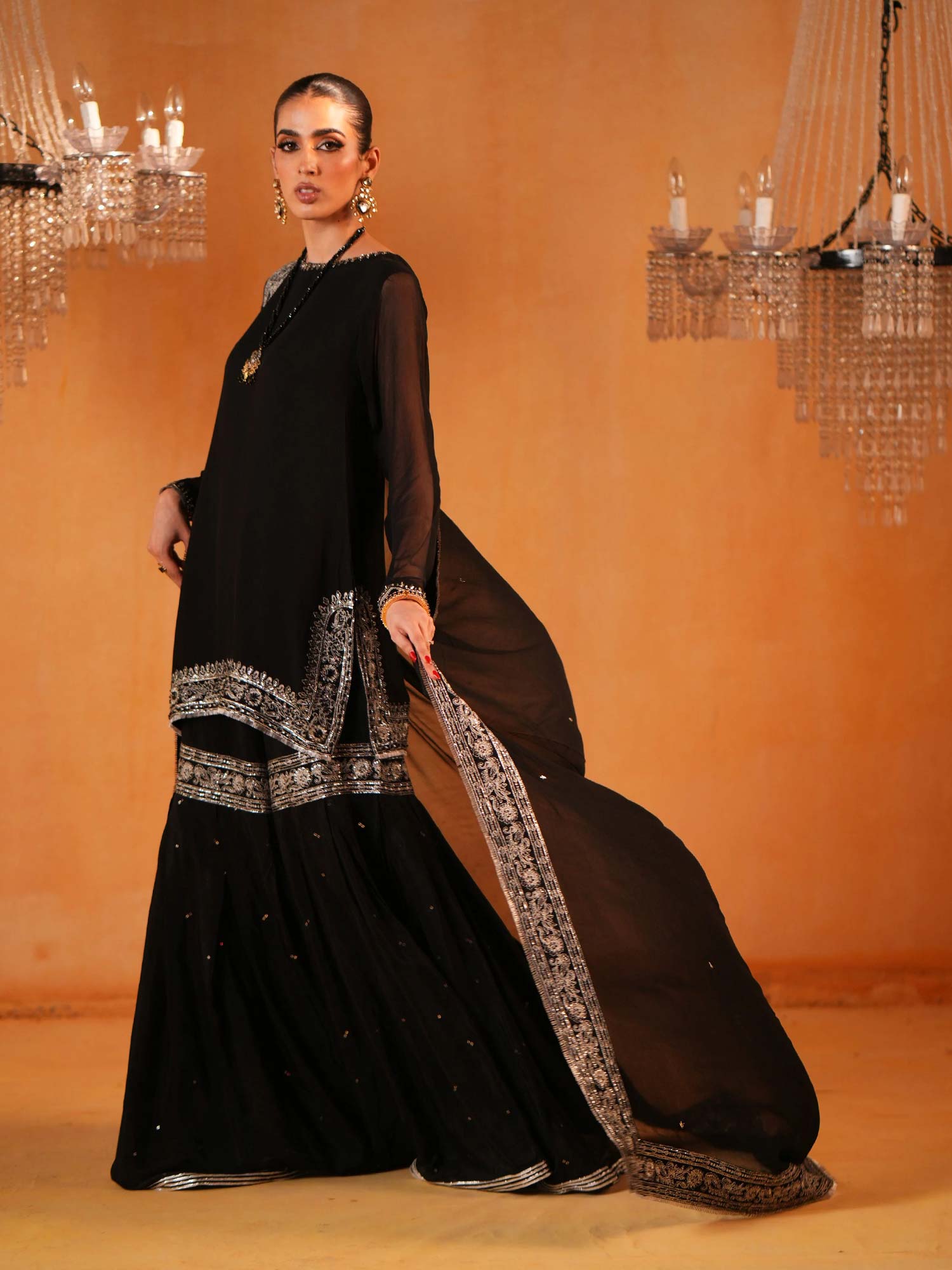 Zarqun Luxury Chiffon Suit with Gharara - Black (2440A)