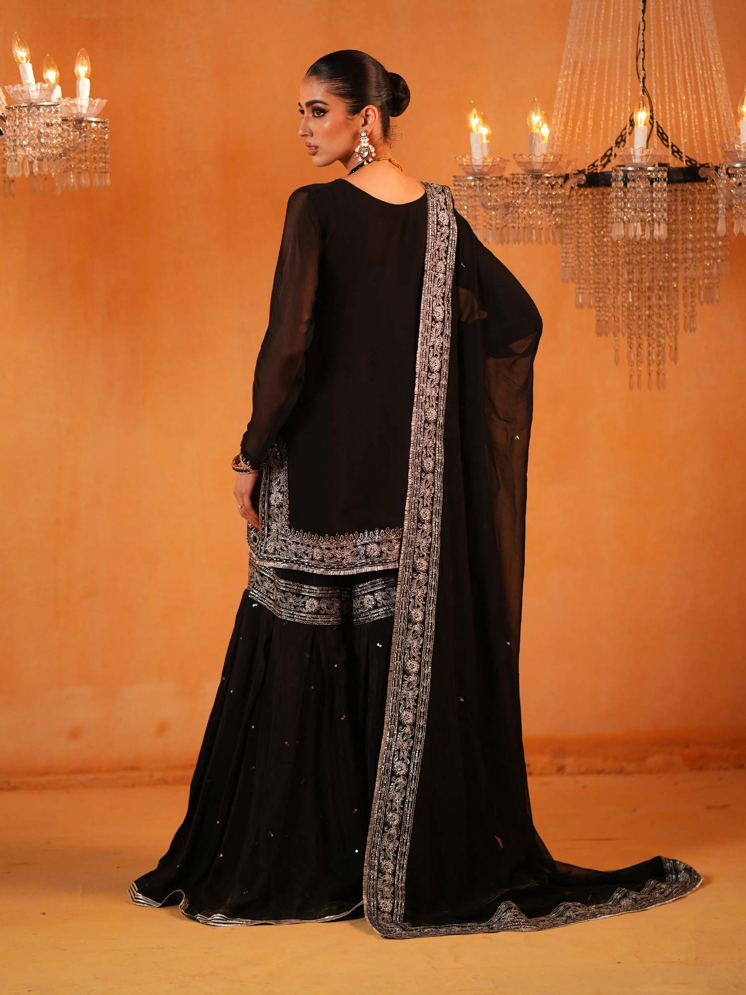 Zarqun Luxury Chiffon Suit with Gharara - Black (2440A)