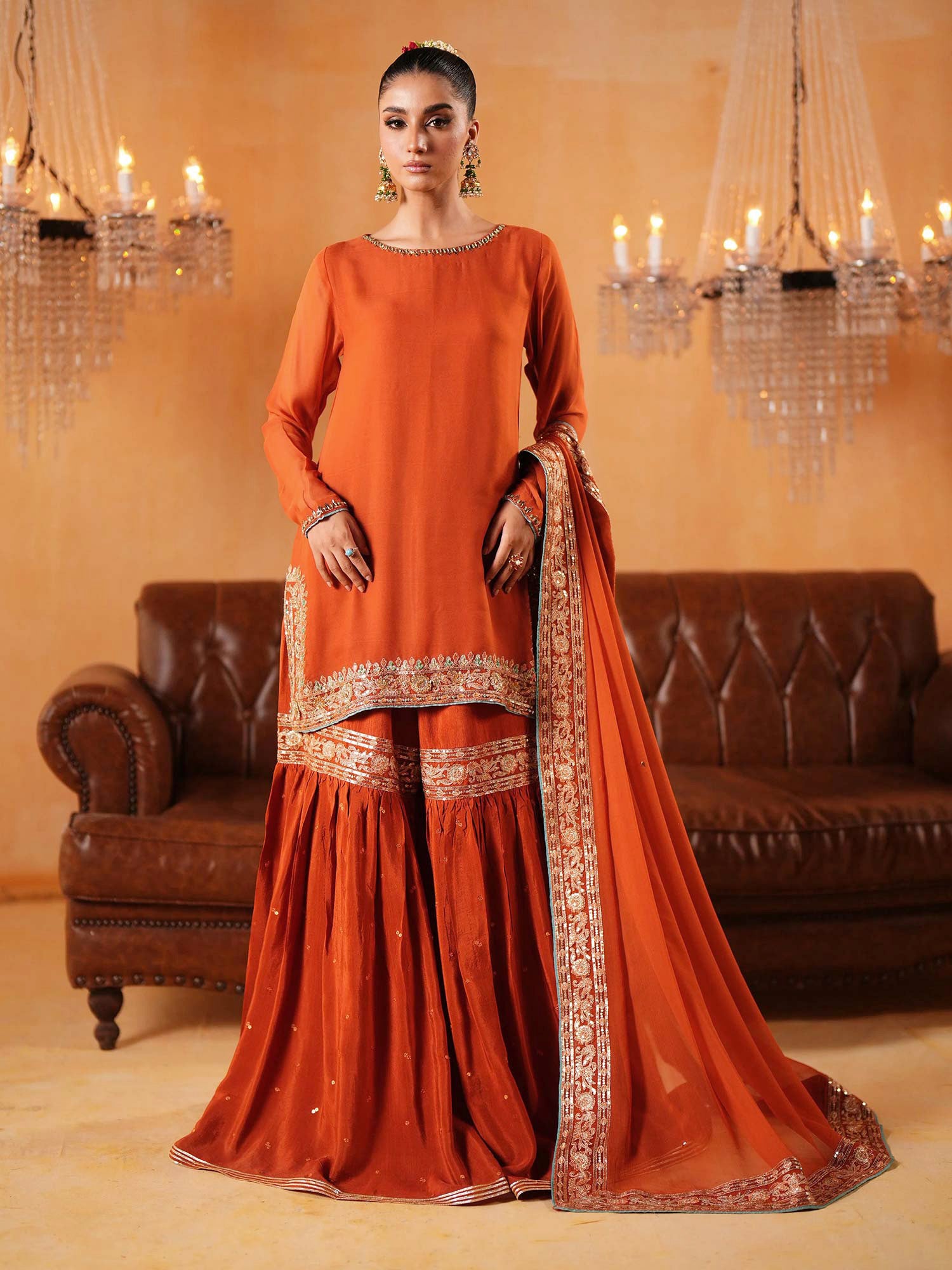 Zarqun Luxury Chiffon Suit with Gharara - Rust (2440B)