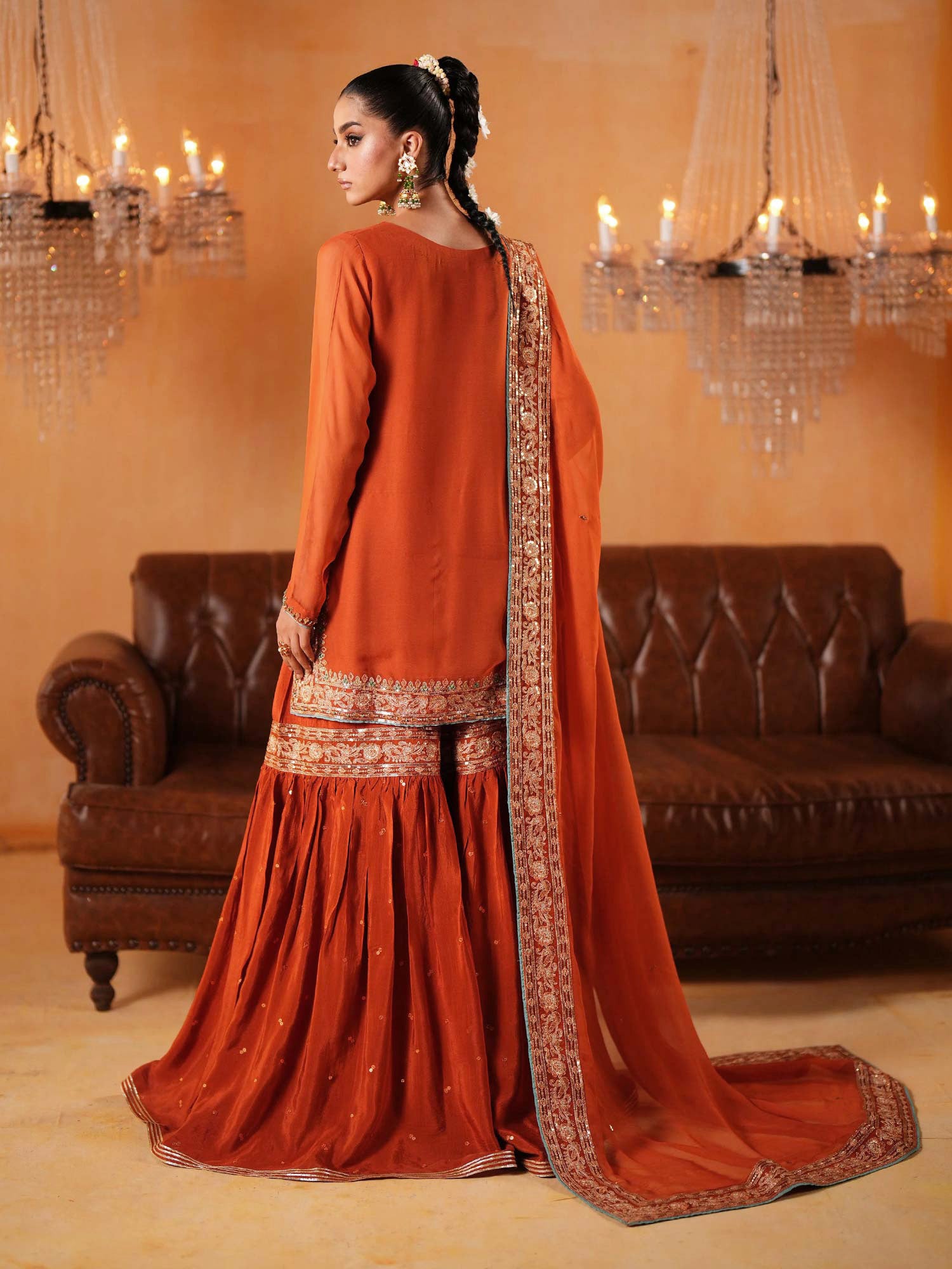 Zarqun Luxury Chiffon Suit with Gharara - Rust (2440B)