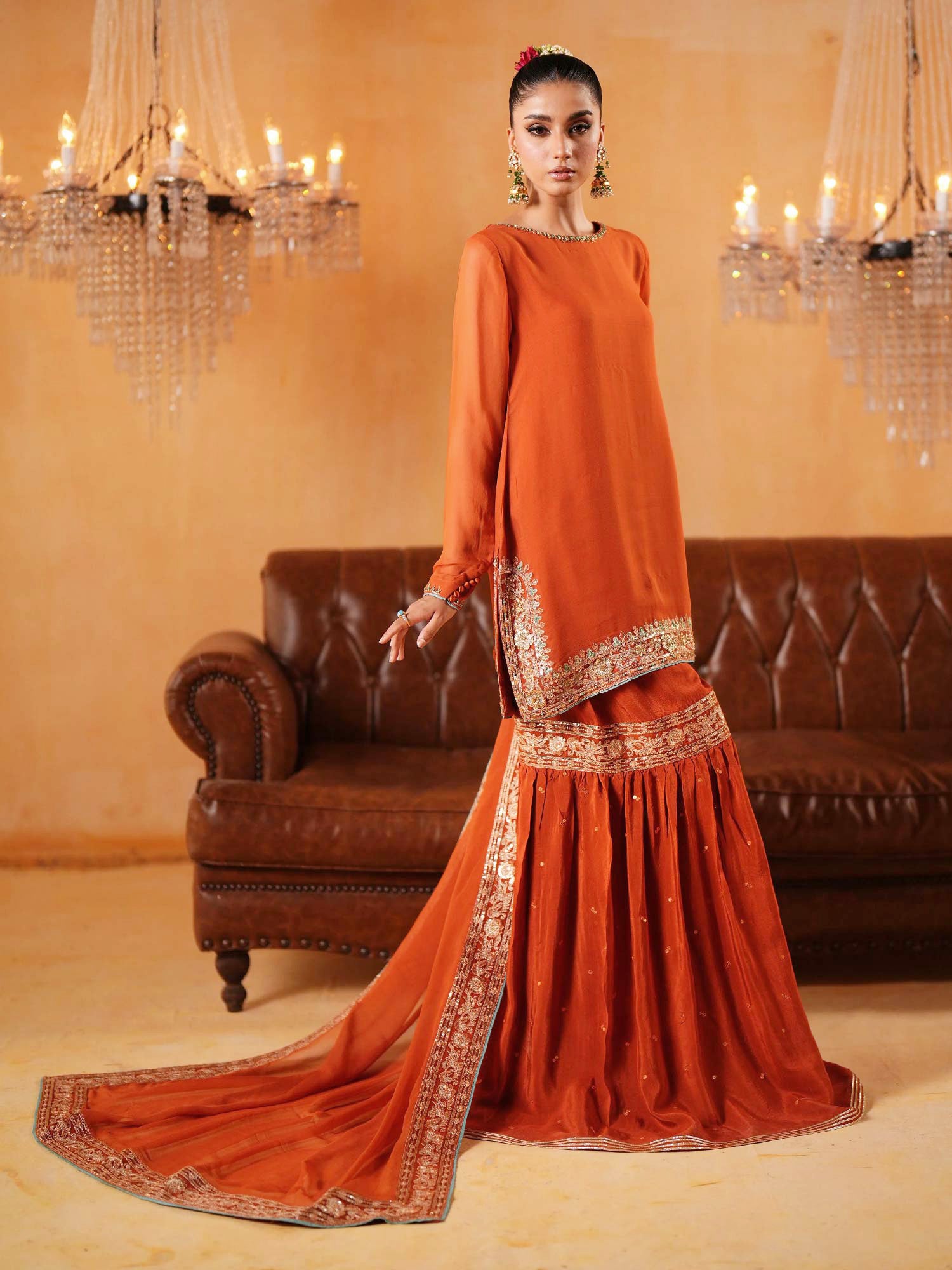 Zarqun Luxury Chiffon Suit with Gharara - Rust (2440B)