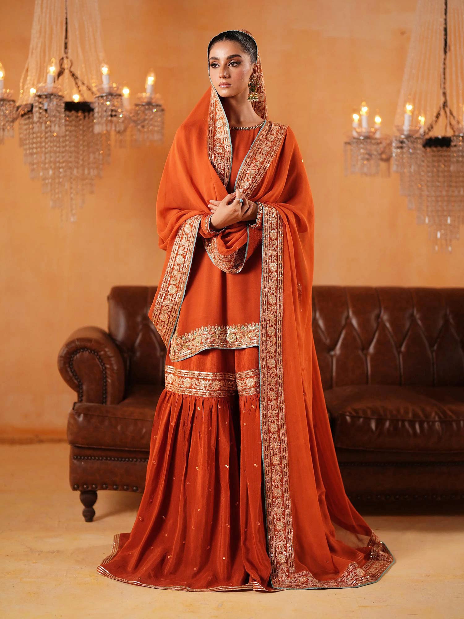 Zarqun Luxury Chiffon Suit with Gharara - Rust (2440B)