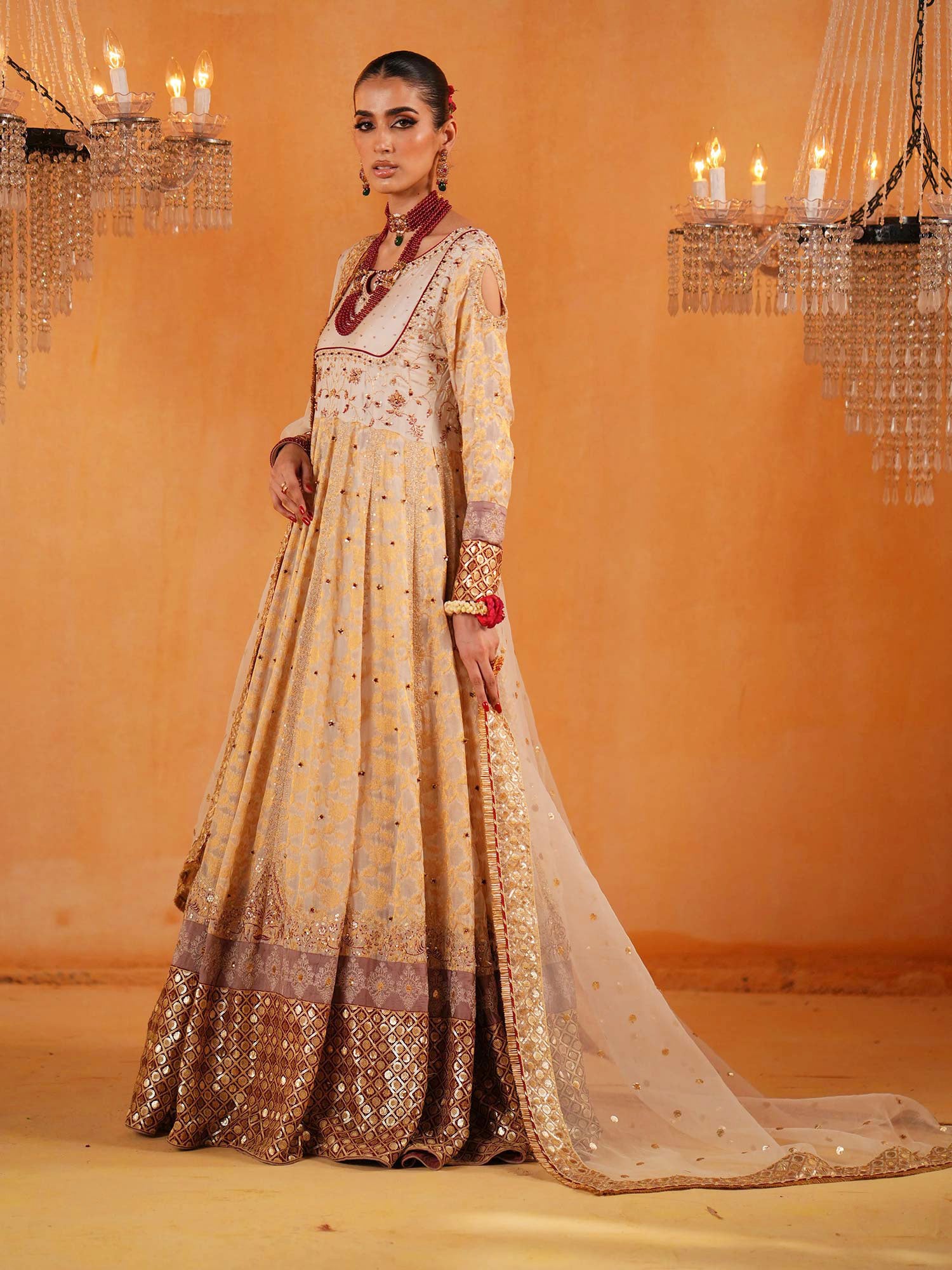 Zarqun Embroidered Chiffon Jamwar Suit - Ivory Gold (2445A)