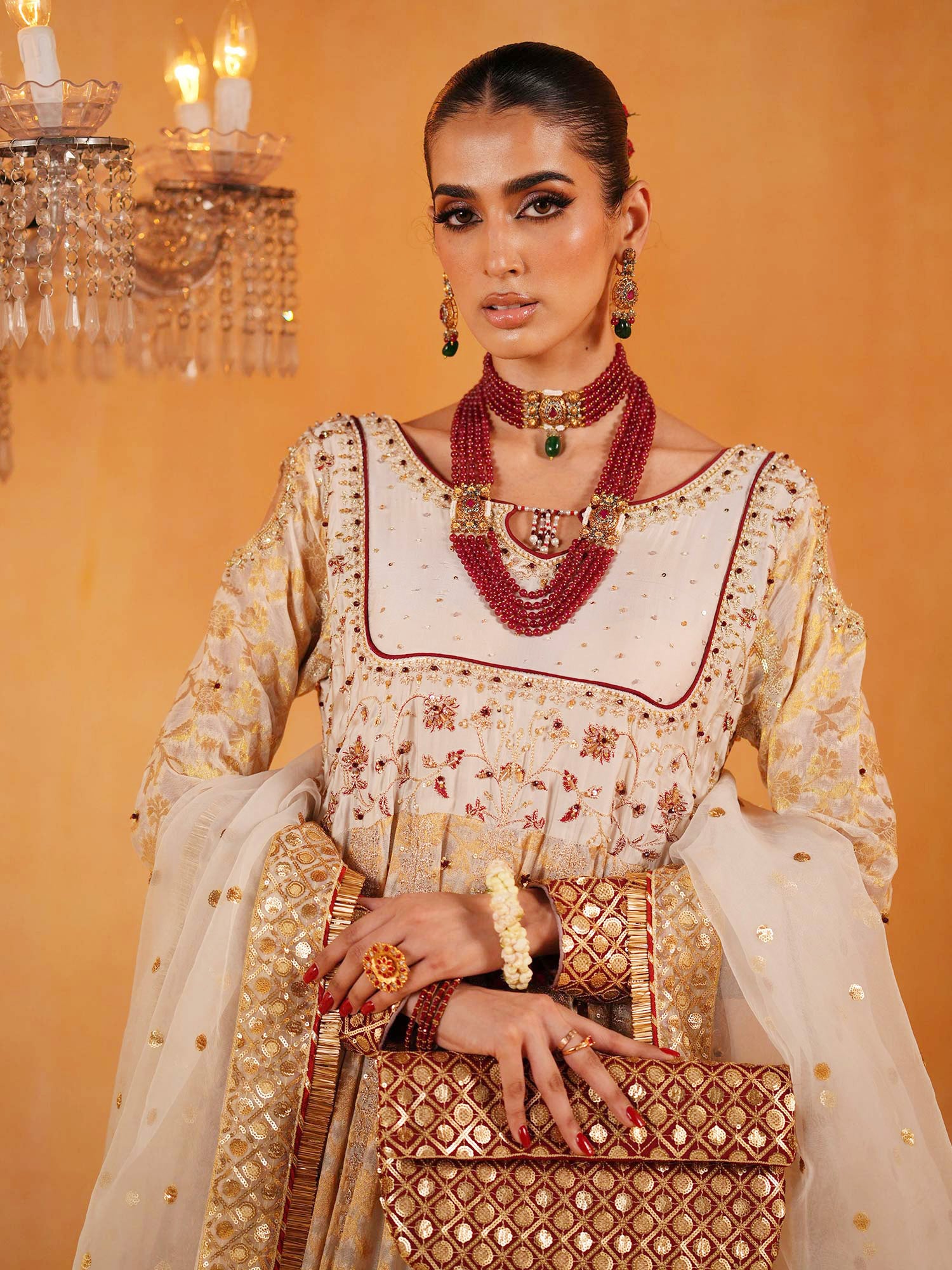 Zarqun Embroidered Chiffon Jamwar Suit - Ivory Gold (2445A)