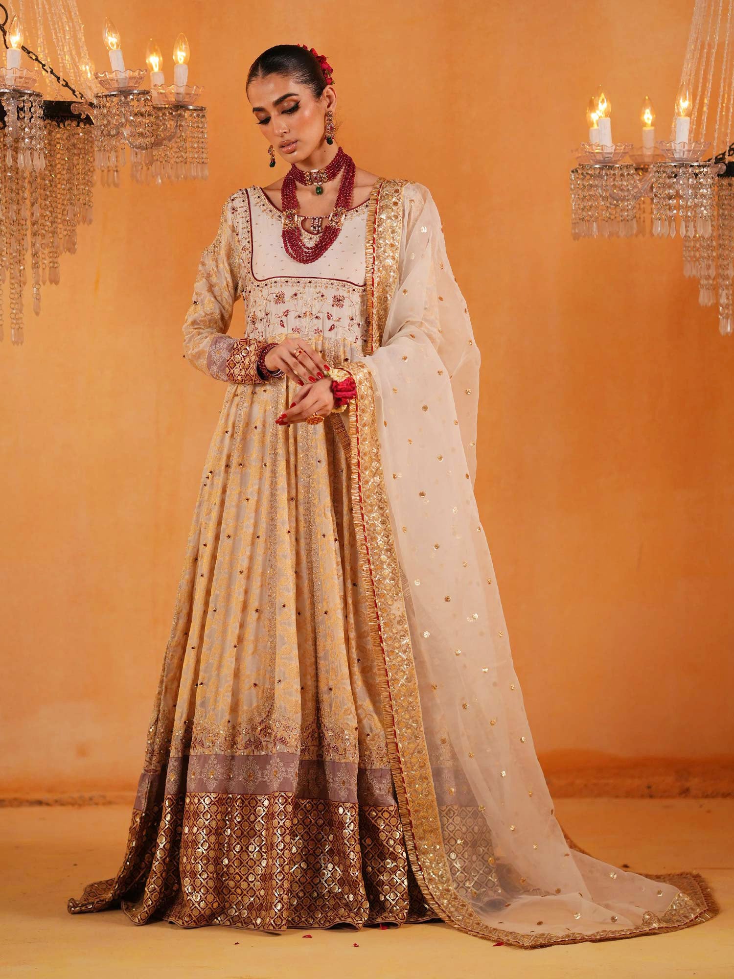 Zarqun Embroidered Chiffon Jamwar Suit - Ivory Gold (2445A)