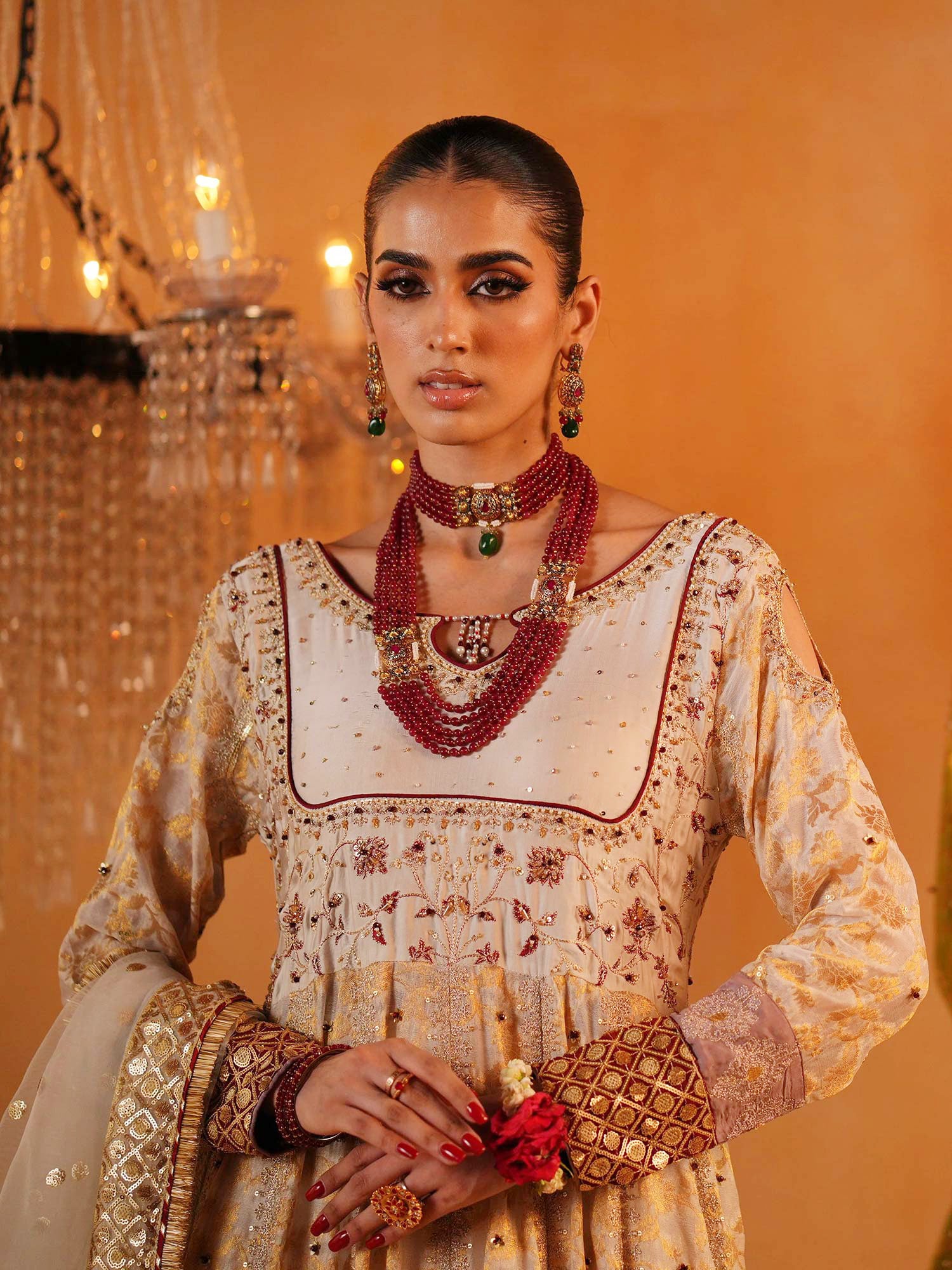 Zarqun Embroidered Chiffon Jamwar Suit - Ivory Gold (2445A)