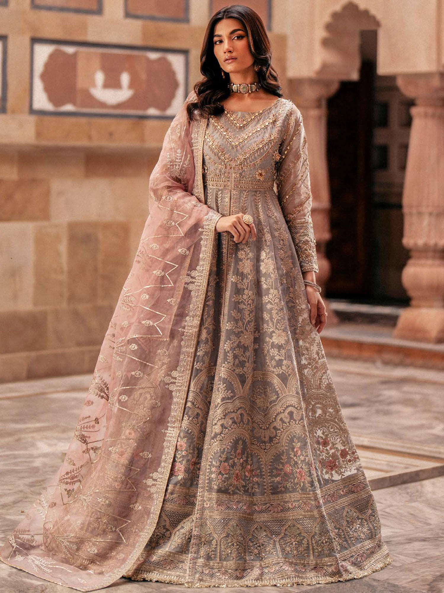 Zarqun Soft Embroidered Organza Suit - Silver (2449A)