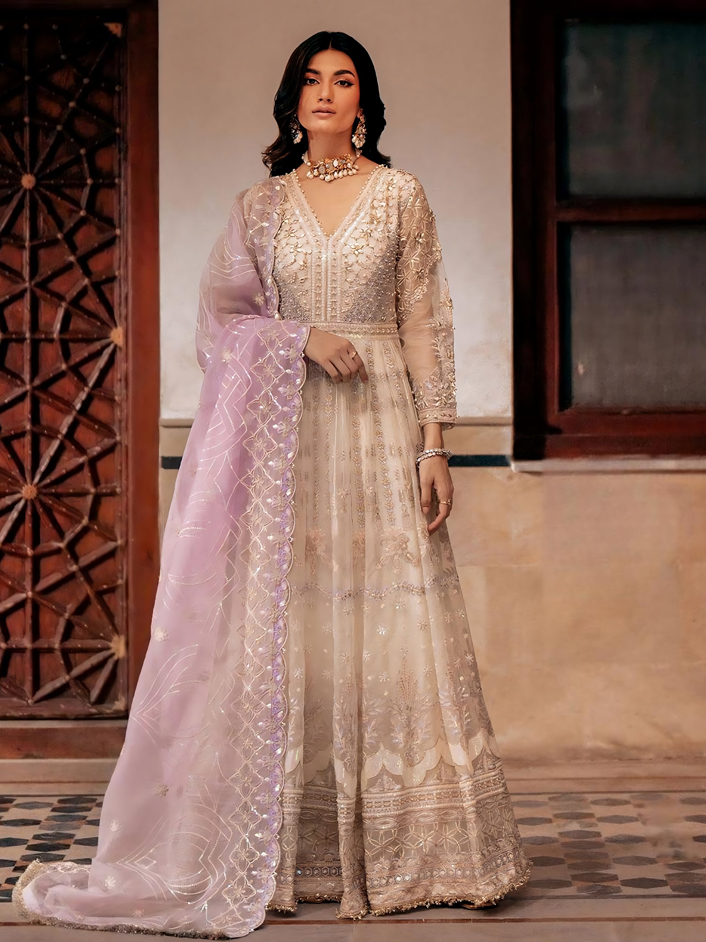 Zarqun Soft Embroidered Organza Suit - Crystal (2450A)