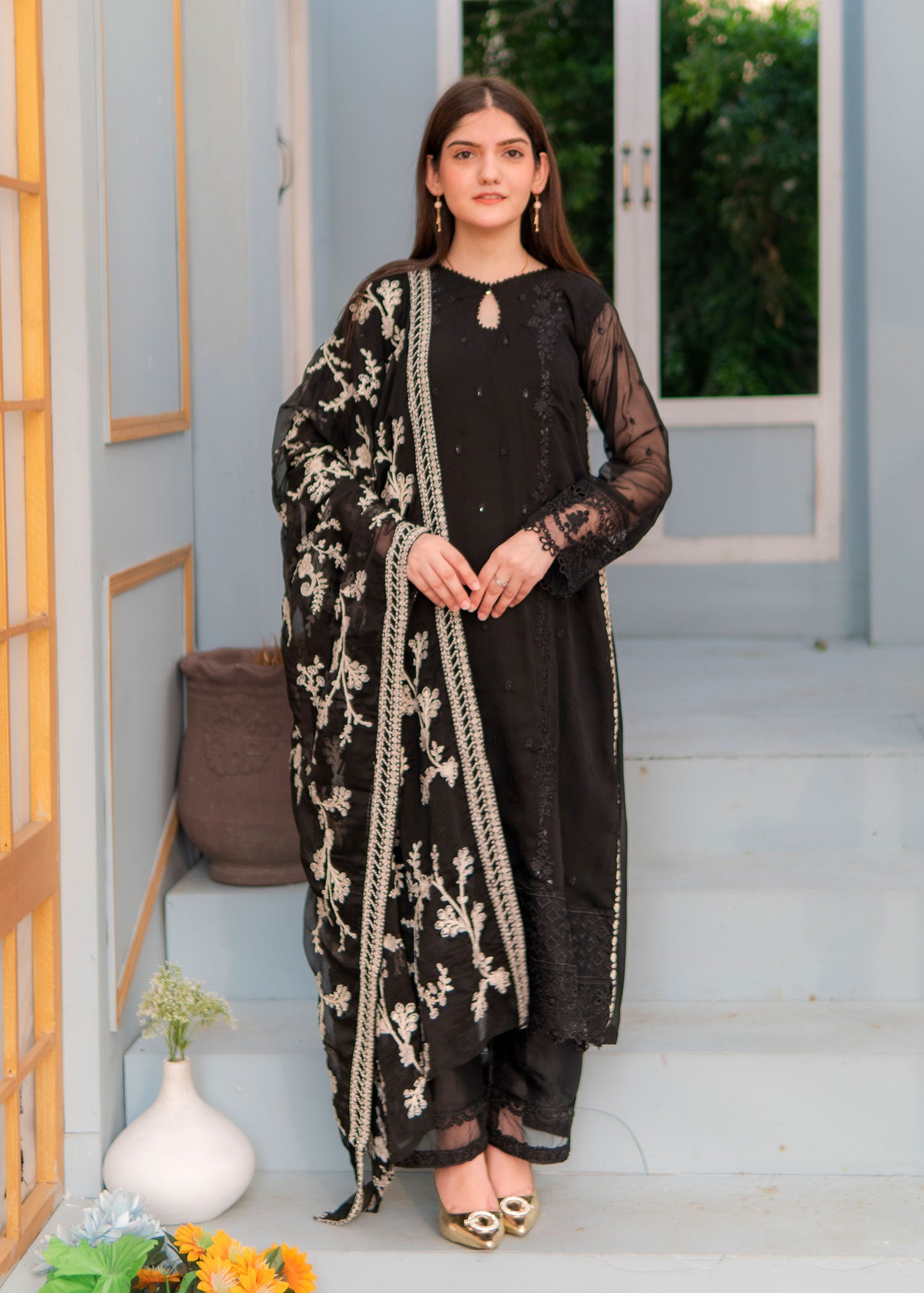 Black Embroidered Chiffon 3-Piece Suit