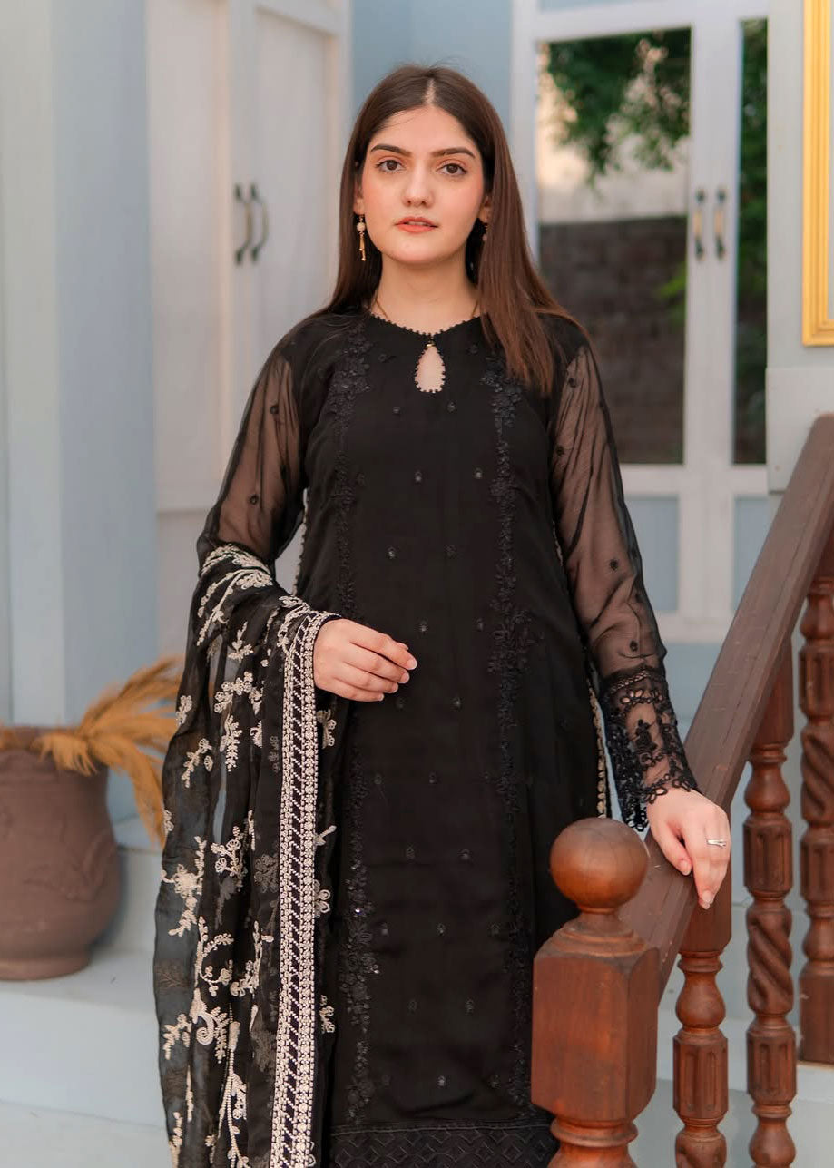 Black Embroidered Chiffon 3-Piece Suit