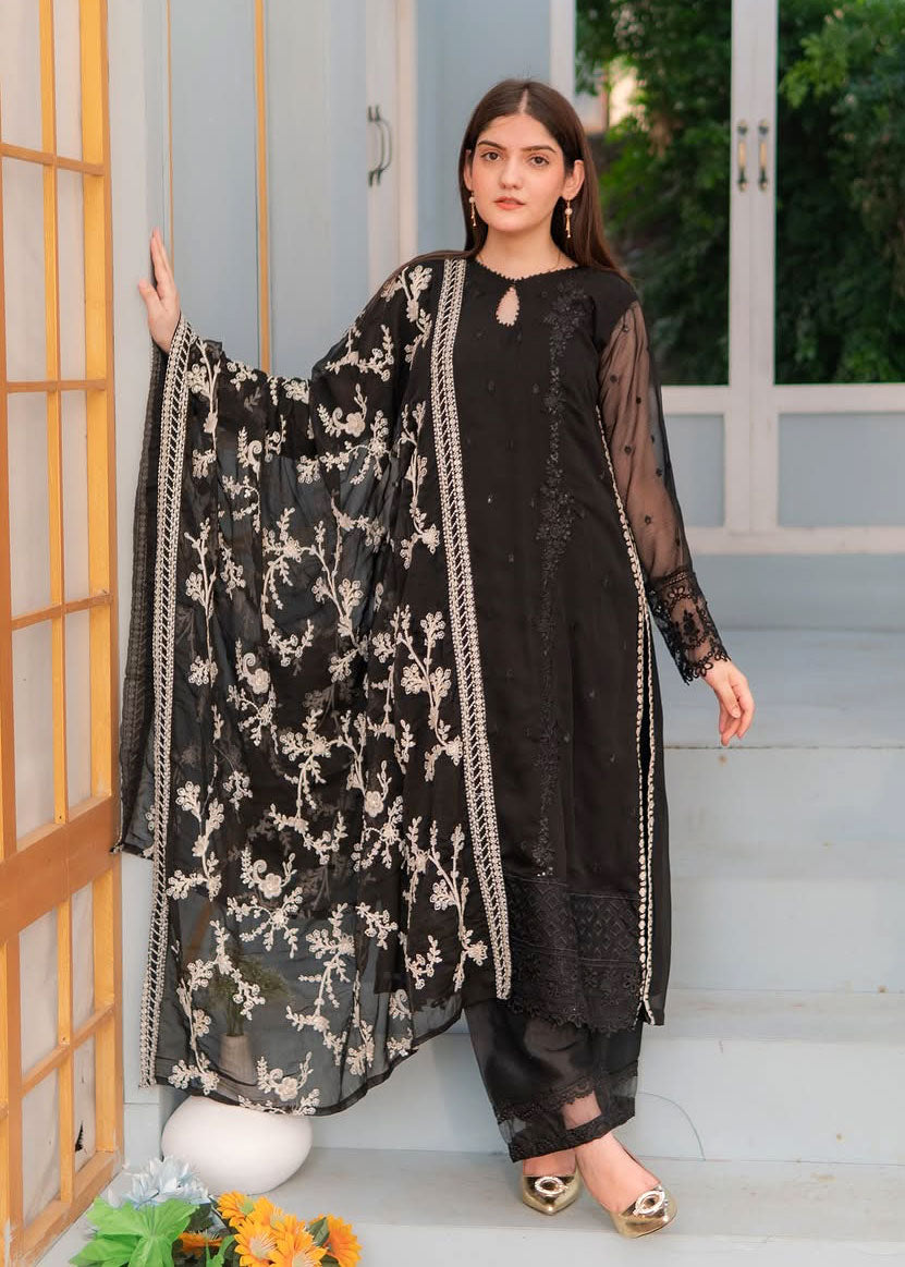 Black Embroidered Chiffon 3-Piece Suit