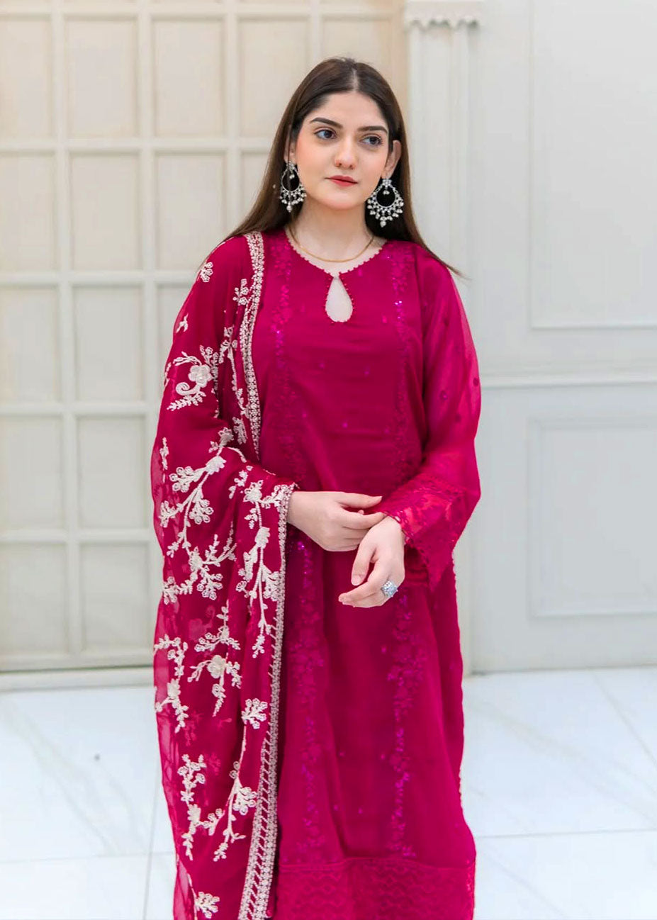 Hot Pink Embroidered Chiffon 3-Piece Suit