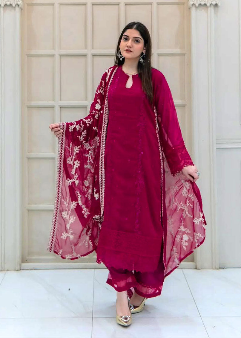 Hot Pink Embroidered Chiffon 3-Piece Suit