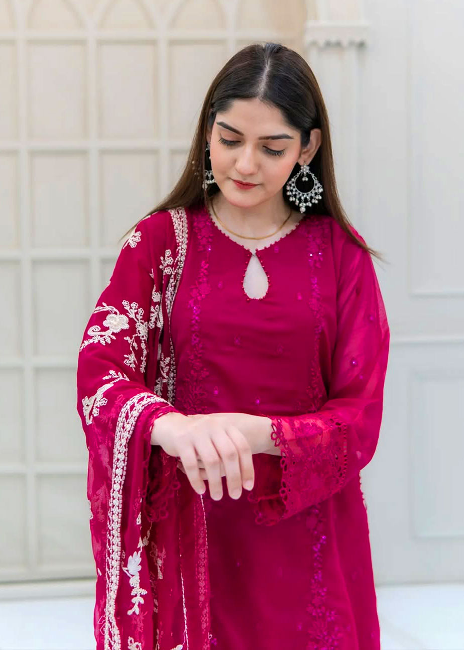 Hot Pink Embroidered Chiffon 3-Piece Suit