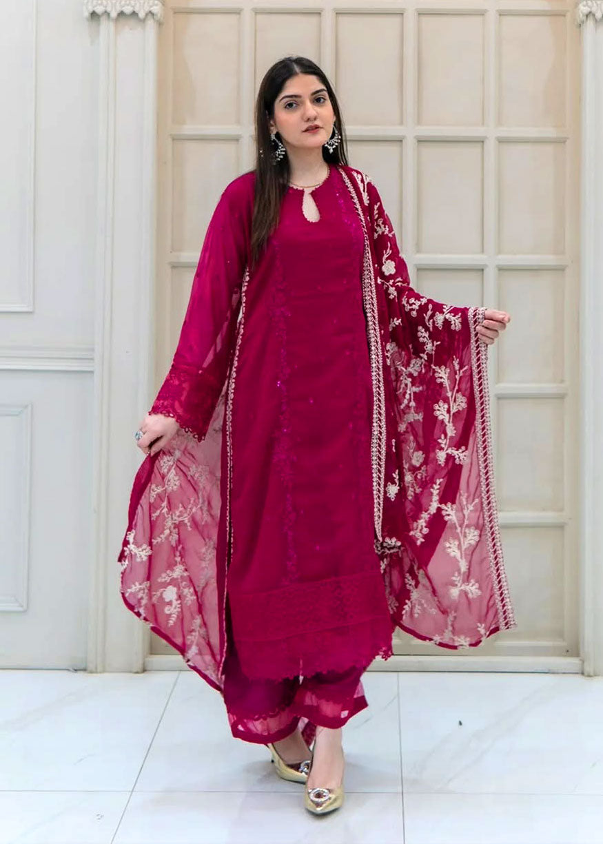 Hot Pink Embroidered Chiffon 3-Piece Suit