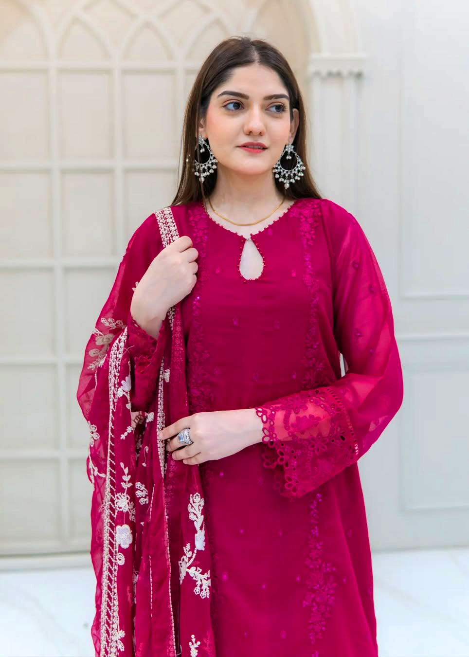 Hot Pink Embroidered Chiffon 3-Piece Suit