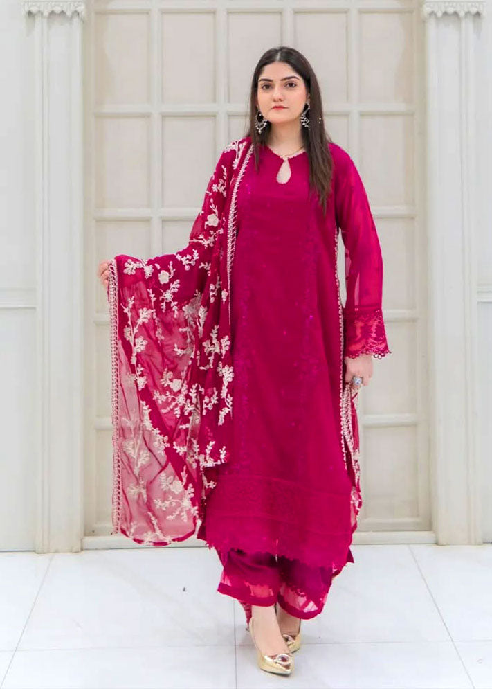 Hot Pink Embroidered Chiffon 3-Piece Suit