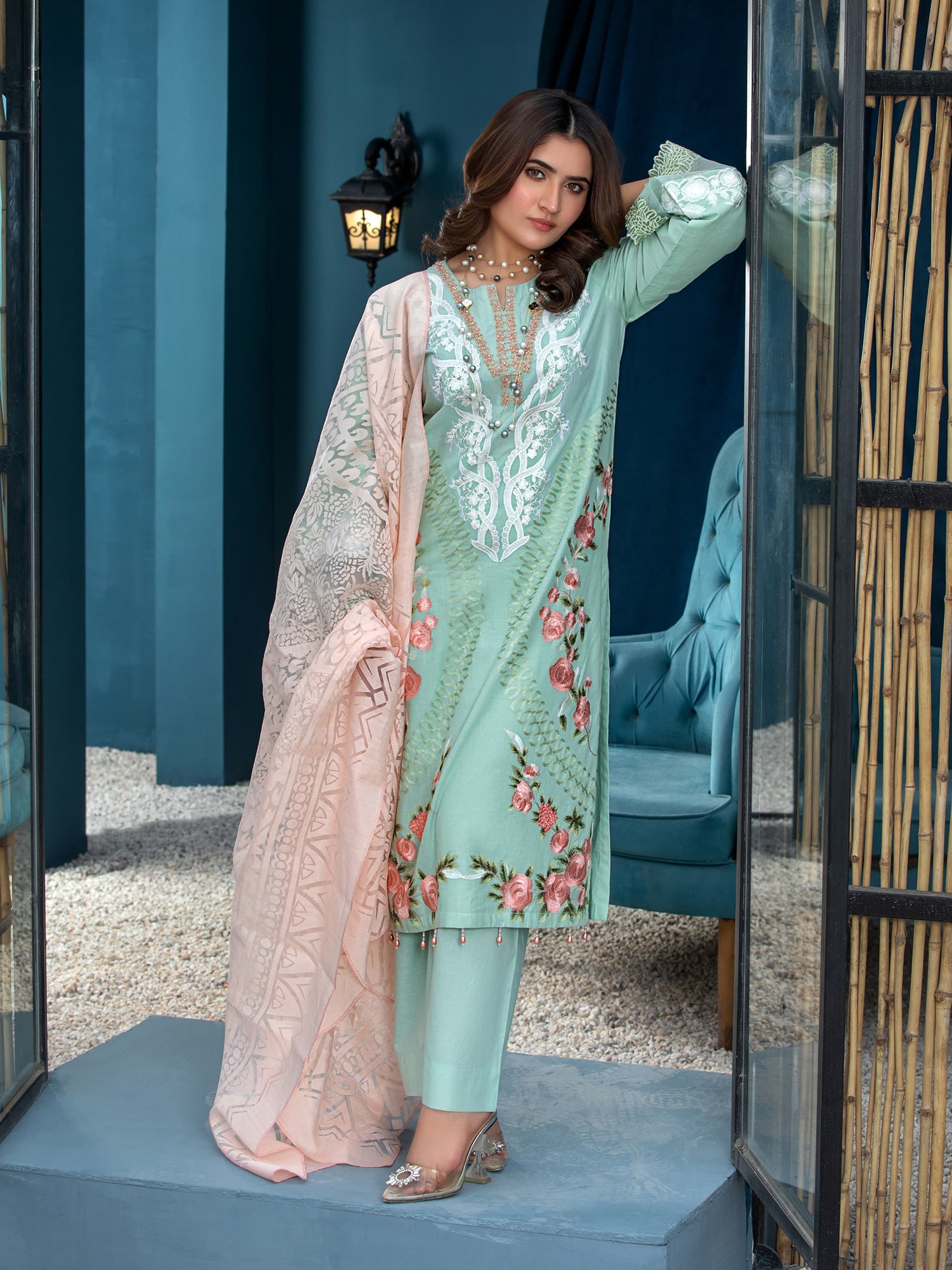 Heera's Sea Green Embroidered Cambric Cotton Suit