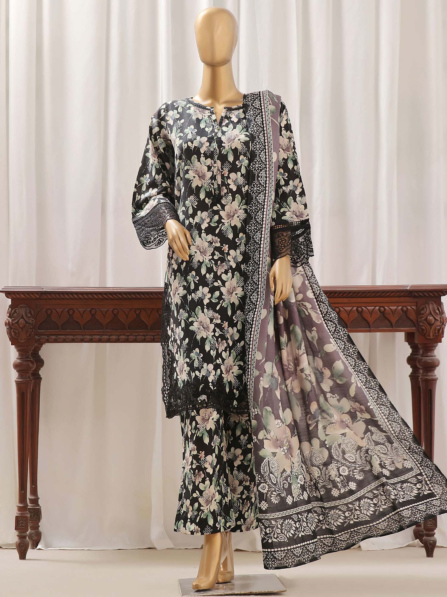 Sadabahar Embroidered Winter Khaddar 3-Piece Suit - Black