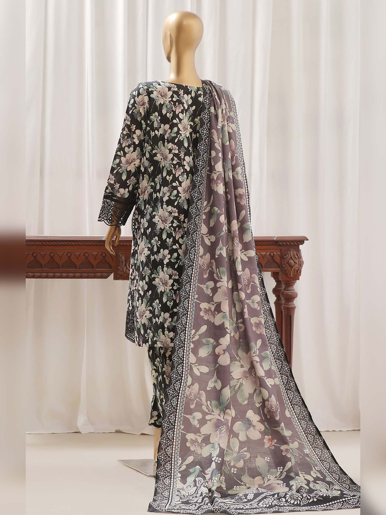 Sadabahar Embroidered Winter Khaddar 3-Piece Suit - Black