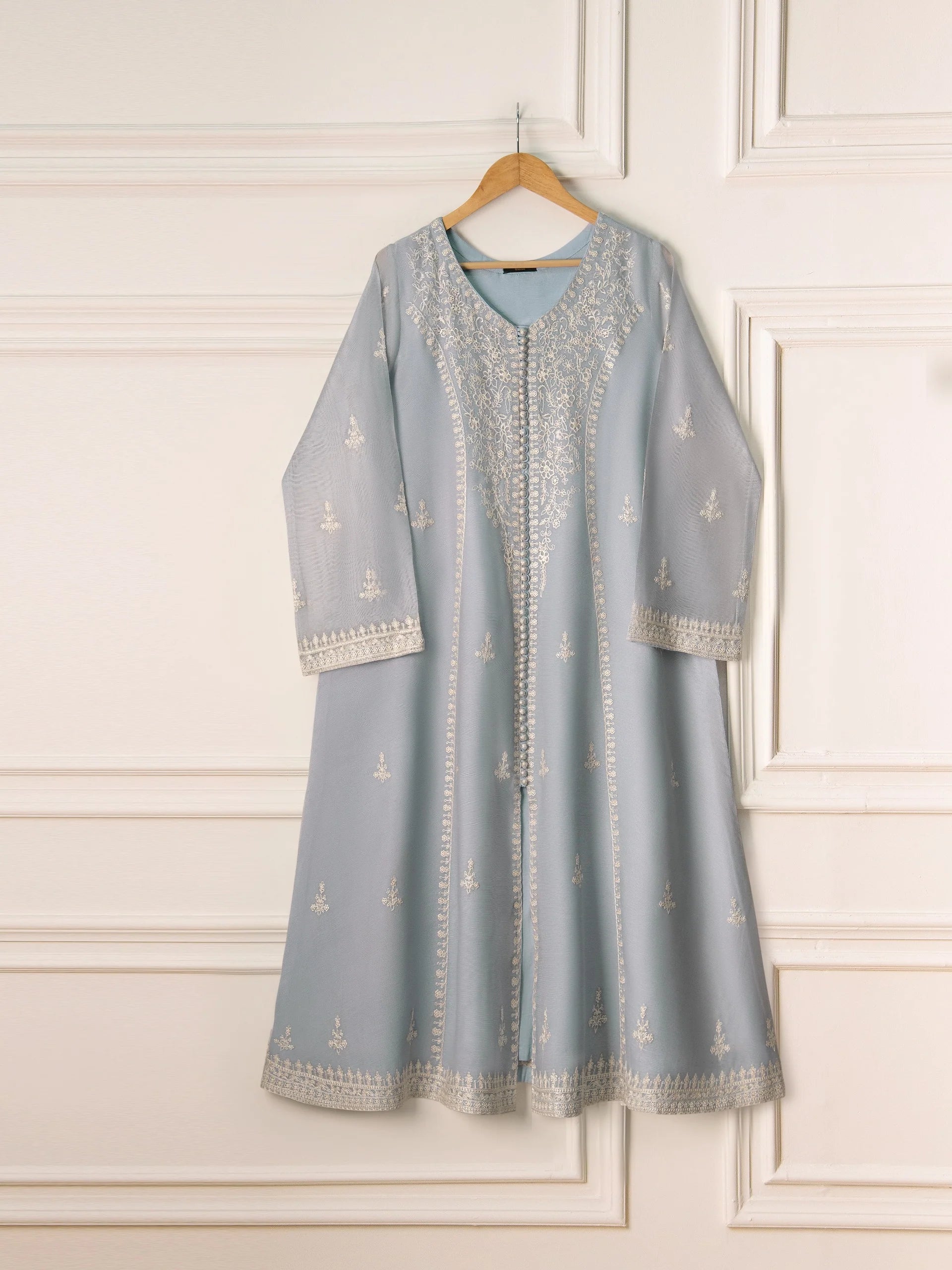 Agha Noor Blue-Grey Embroidered Cotton Net 3-Piece Suit