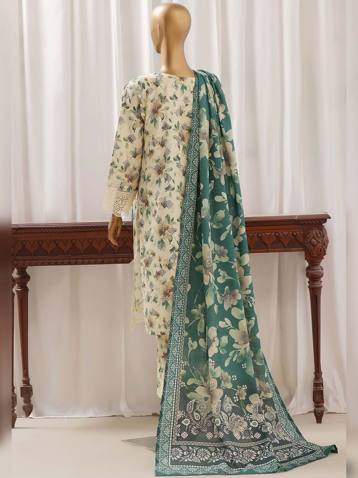 Sadabahar Embroidered Winter Khaddar 3-Piece Suit - Cream & Green