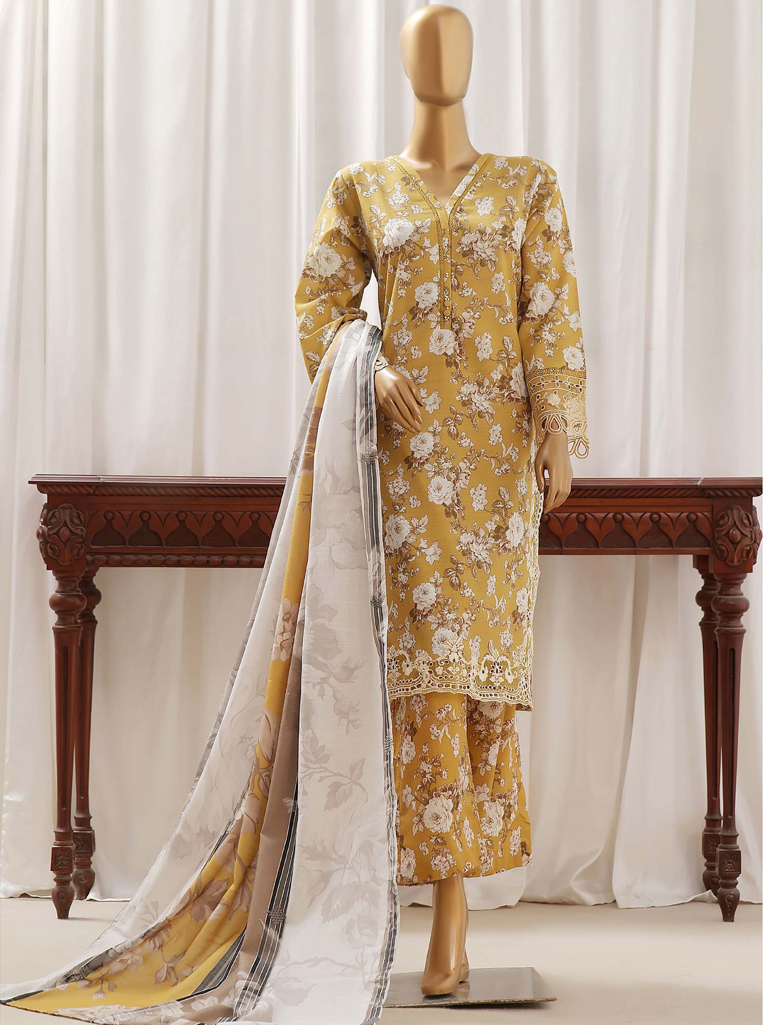 Sadabahar Embroidered Winter Khaddar 3-Piece Suit - Mustard