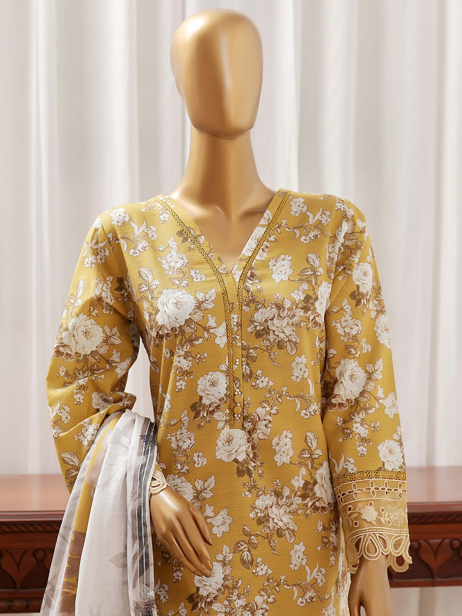 Sadabahar Embroidered Winter Khaddar 3-Piece Suit - Mustard