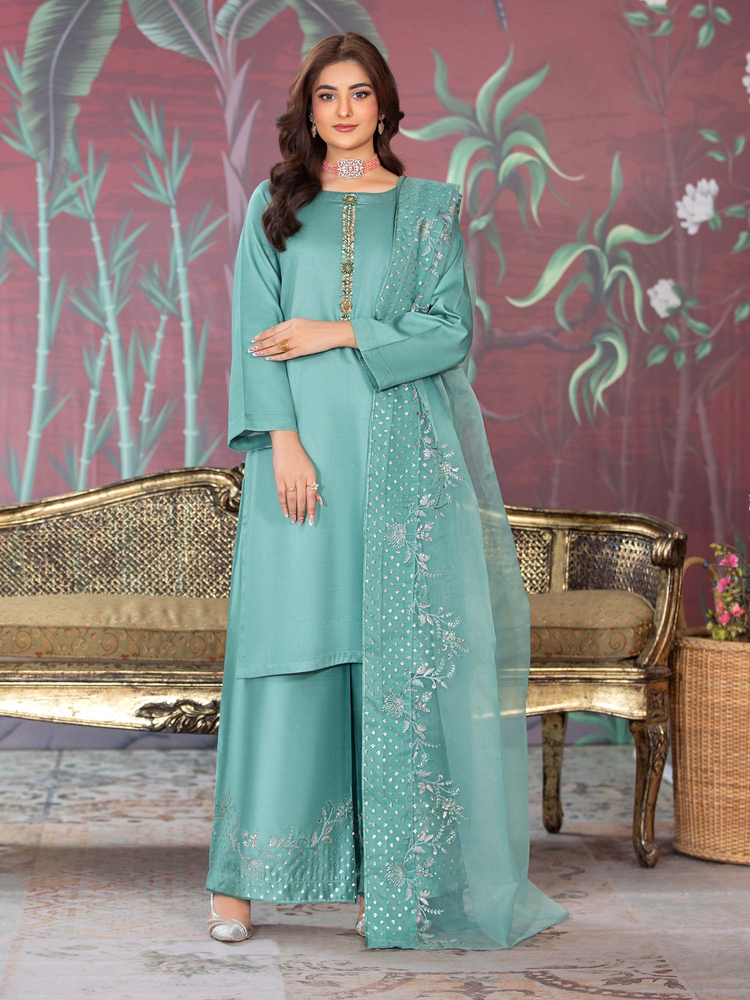 Heera's Aqua Embroidered Dhanak Suit with Palazzo