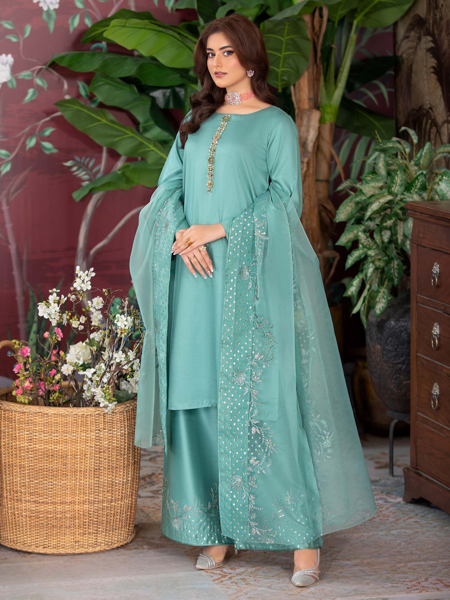 Heera's Aqua Embroidered Dhanak Suit with Palazzo