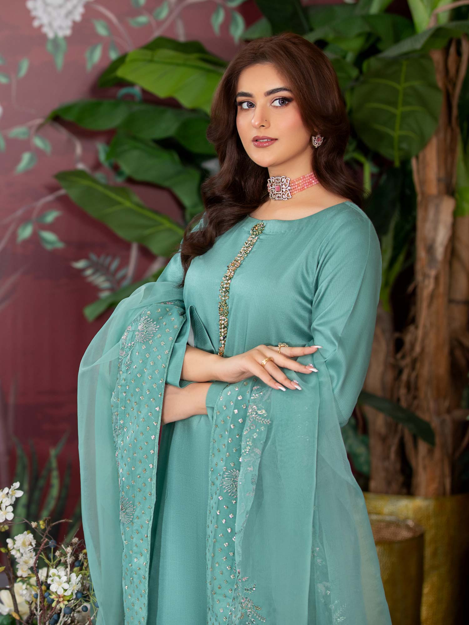 Heera's Aqua Embroidered Dhanak Suit with Palazzo