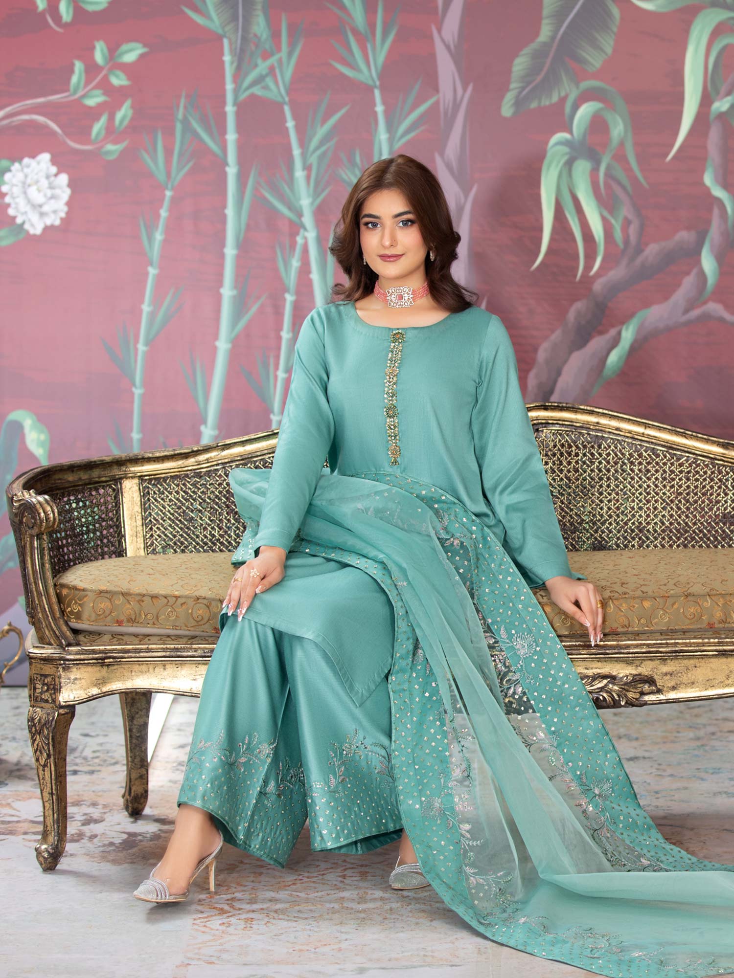 Heera's Aqua Embroidered Dhanak Suit with Palazzo