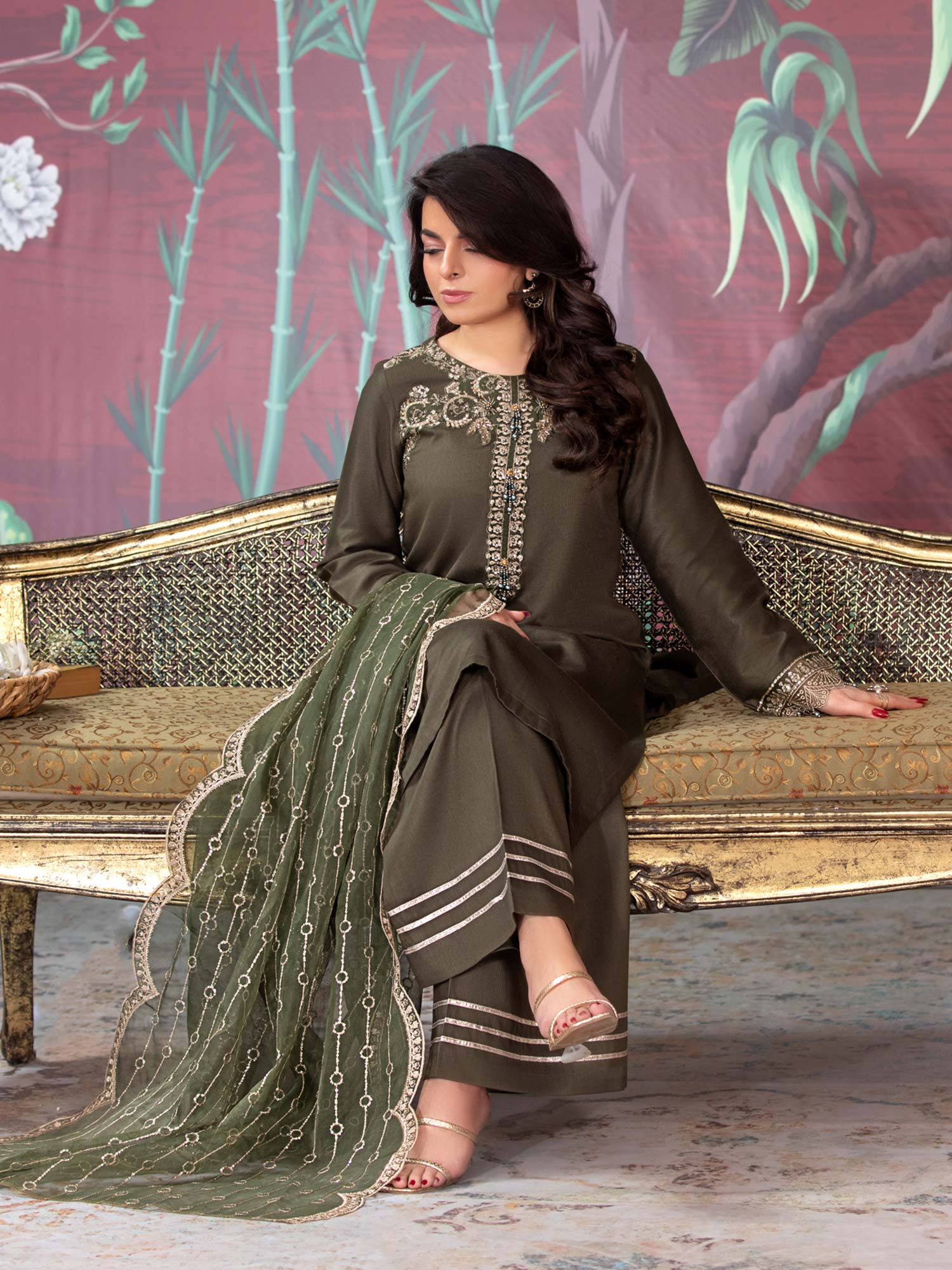 Heera's Olive Embroidered Dhanak Suit with Palazzo