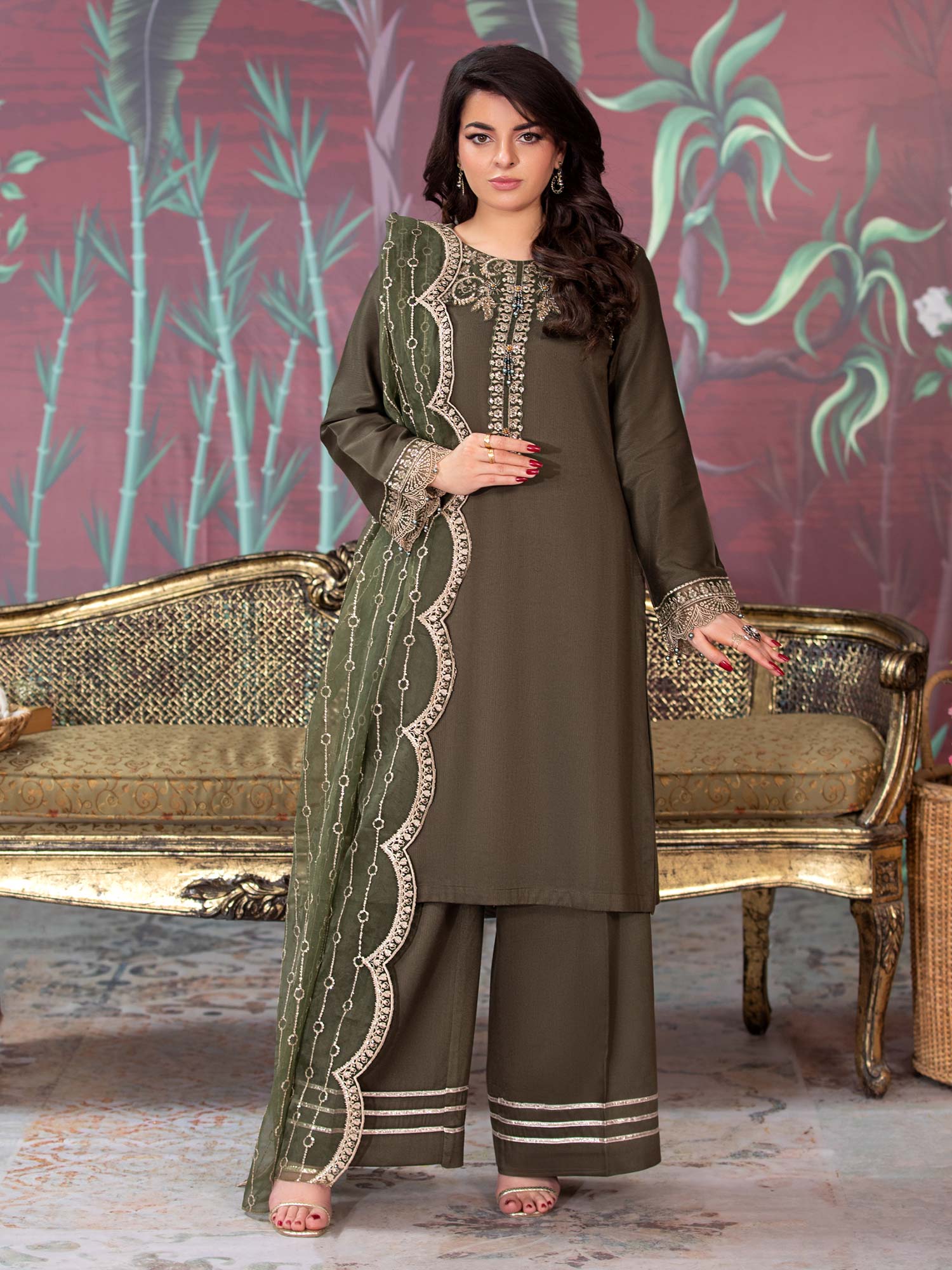 Heera's Olive Embroidered Dhanak Suit with Palazzo