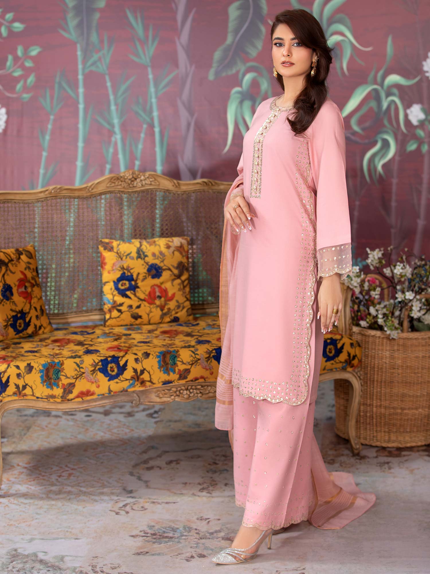 Heera's Pink Embroidered Dhanak Suit with Palazzo