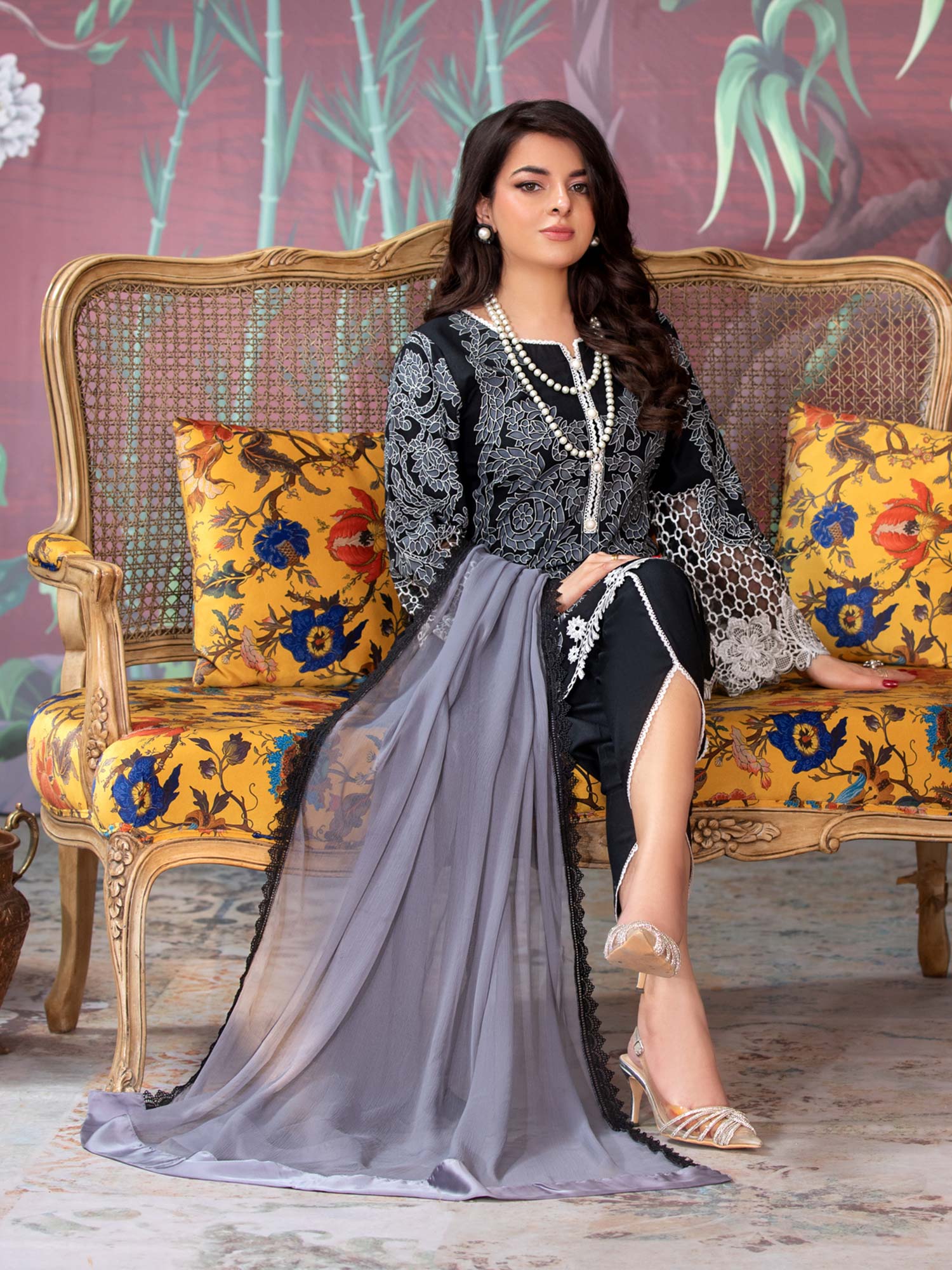 Heera's Black Embroidered Linen Suit with Tulip Trouser