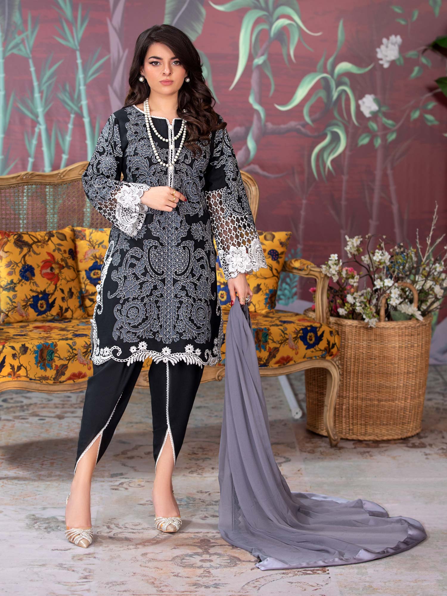 Heera's Black Embroidered Linen Suit with Tulip Trouser