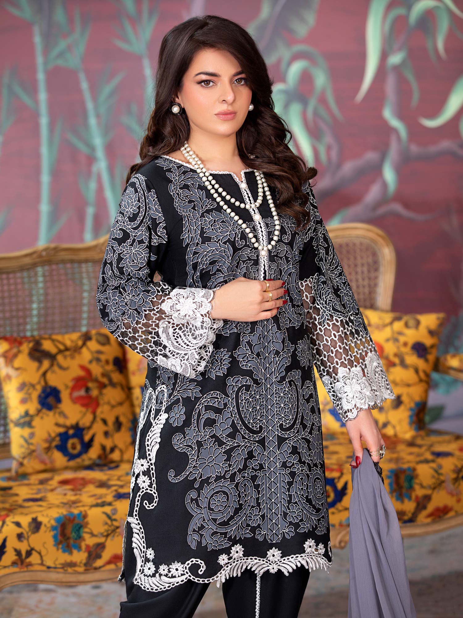 Heera's Black Embroidered Linen Suit with Tulip Trouser