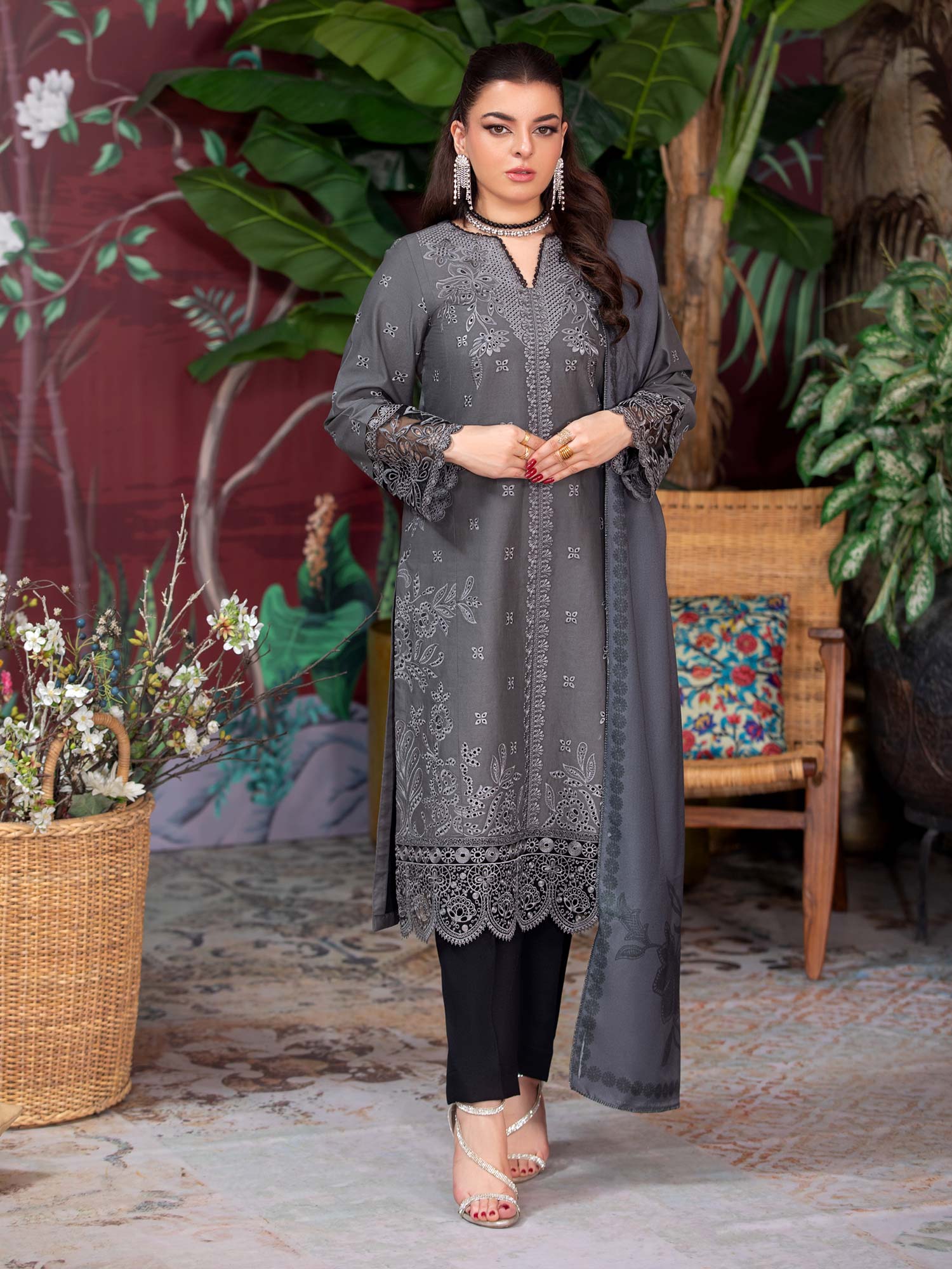 Heera's Grey & Black Embroidered Soft Khaddar Suit