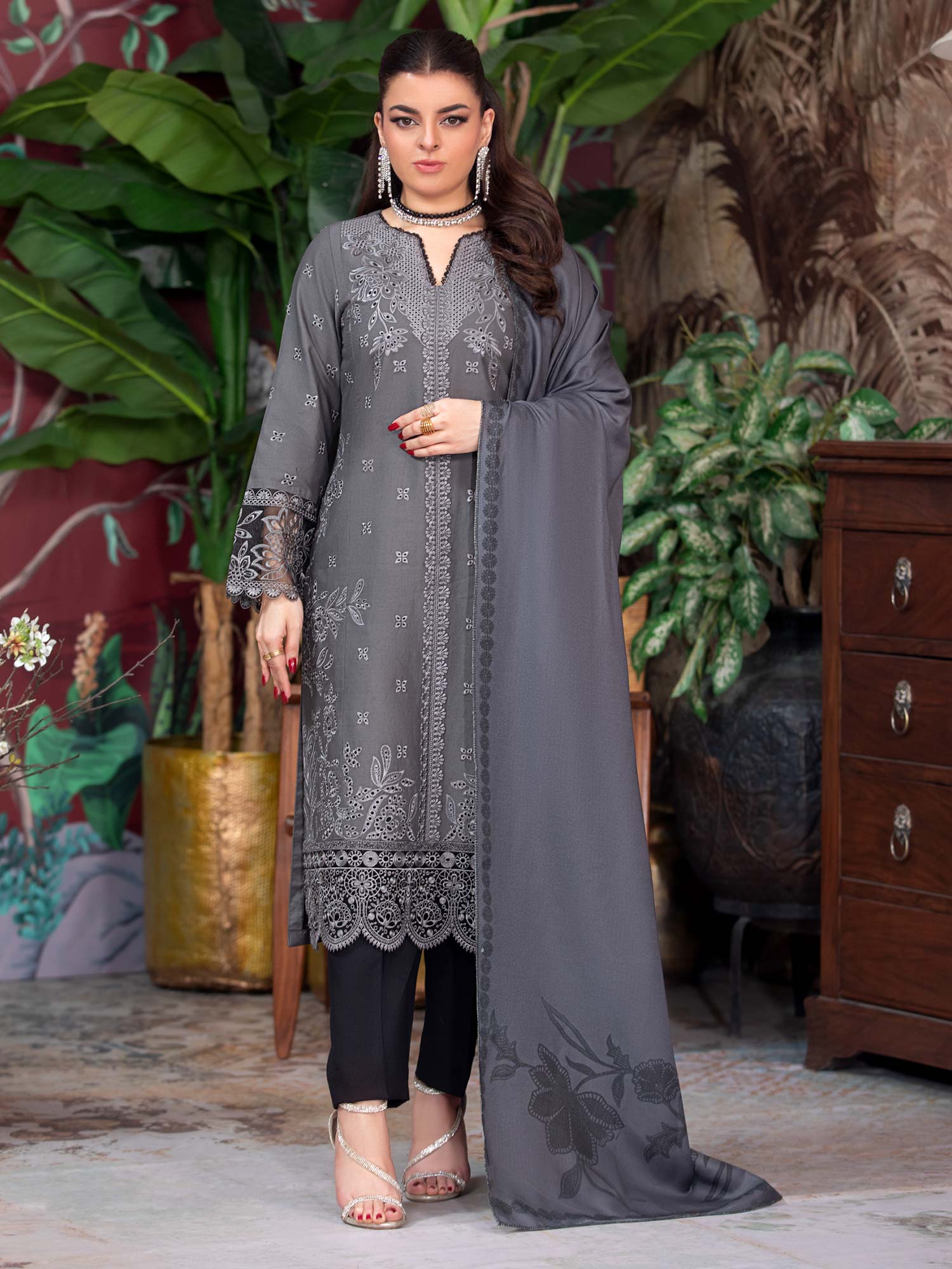 Heera's Grey & Black Embroidered Soft Khaddar Suit