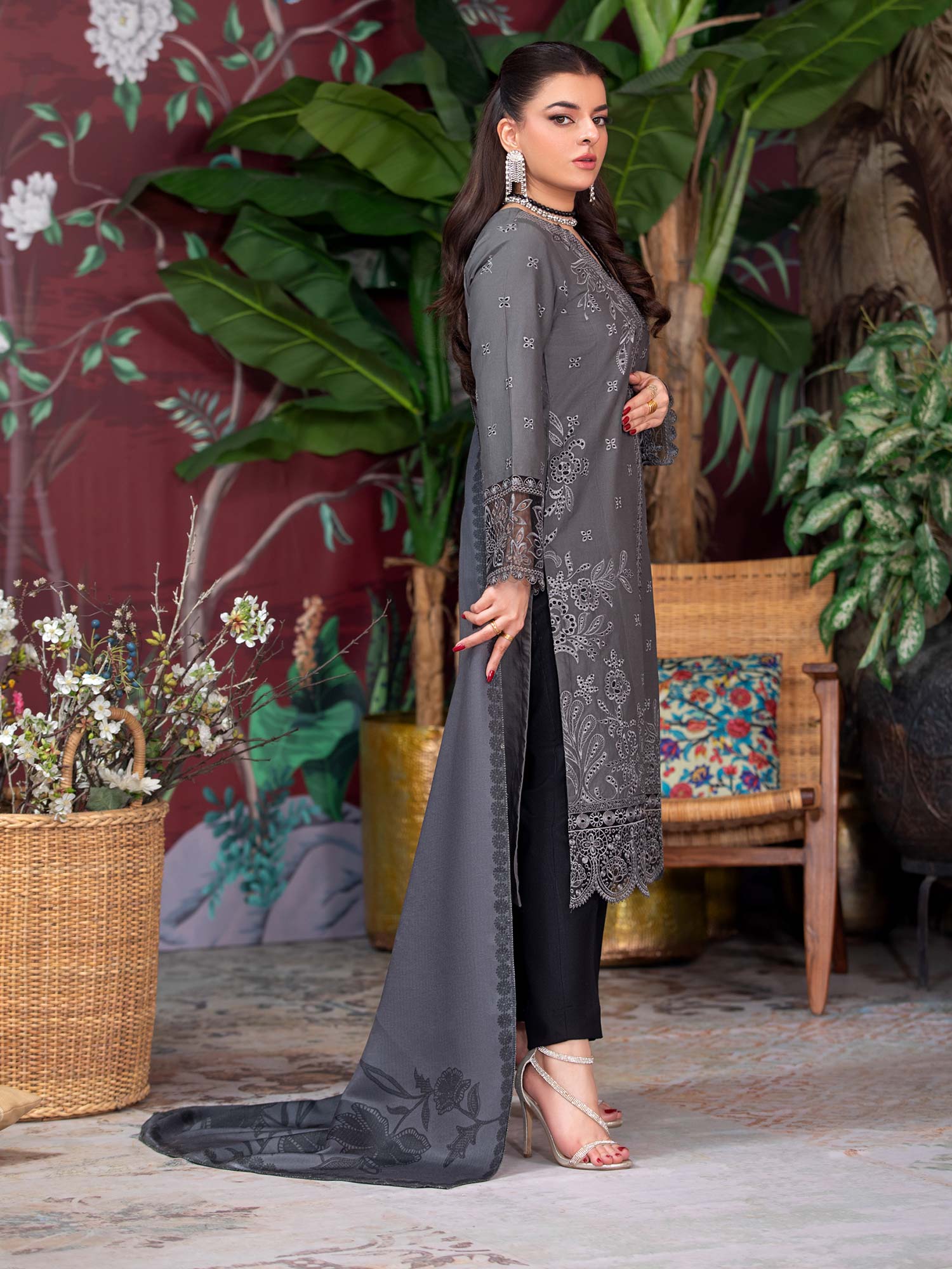 Heera's Grey & Black Embroidered Soft Khaddar Suit