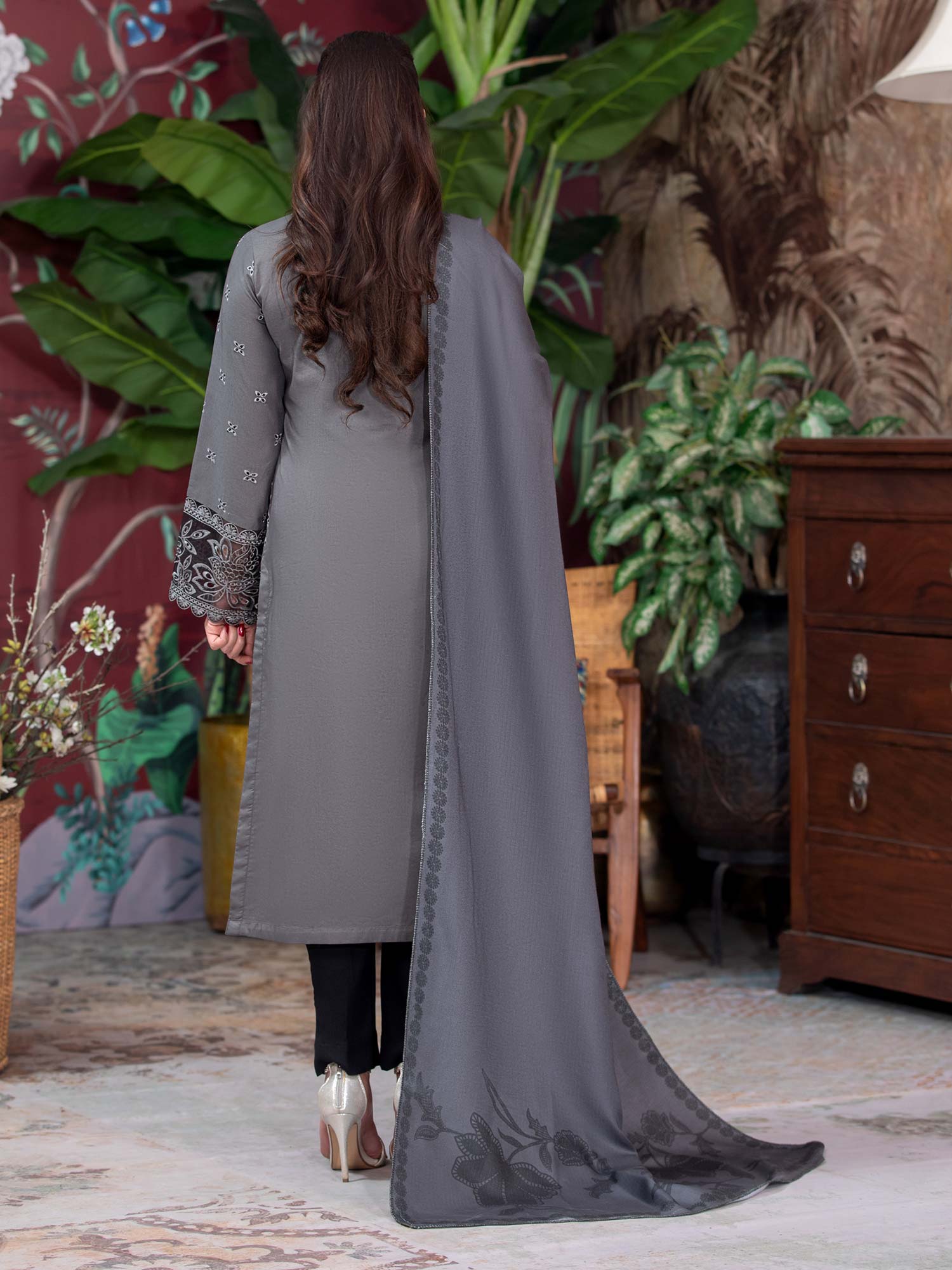 Heera's Grey & Black Embroidered Soft Khaddar Suit