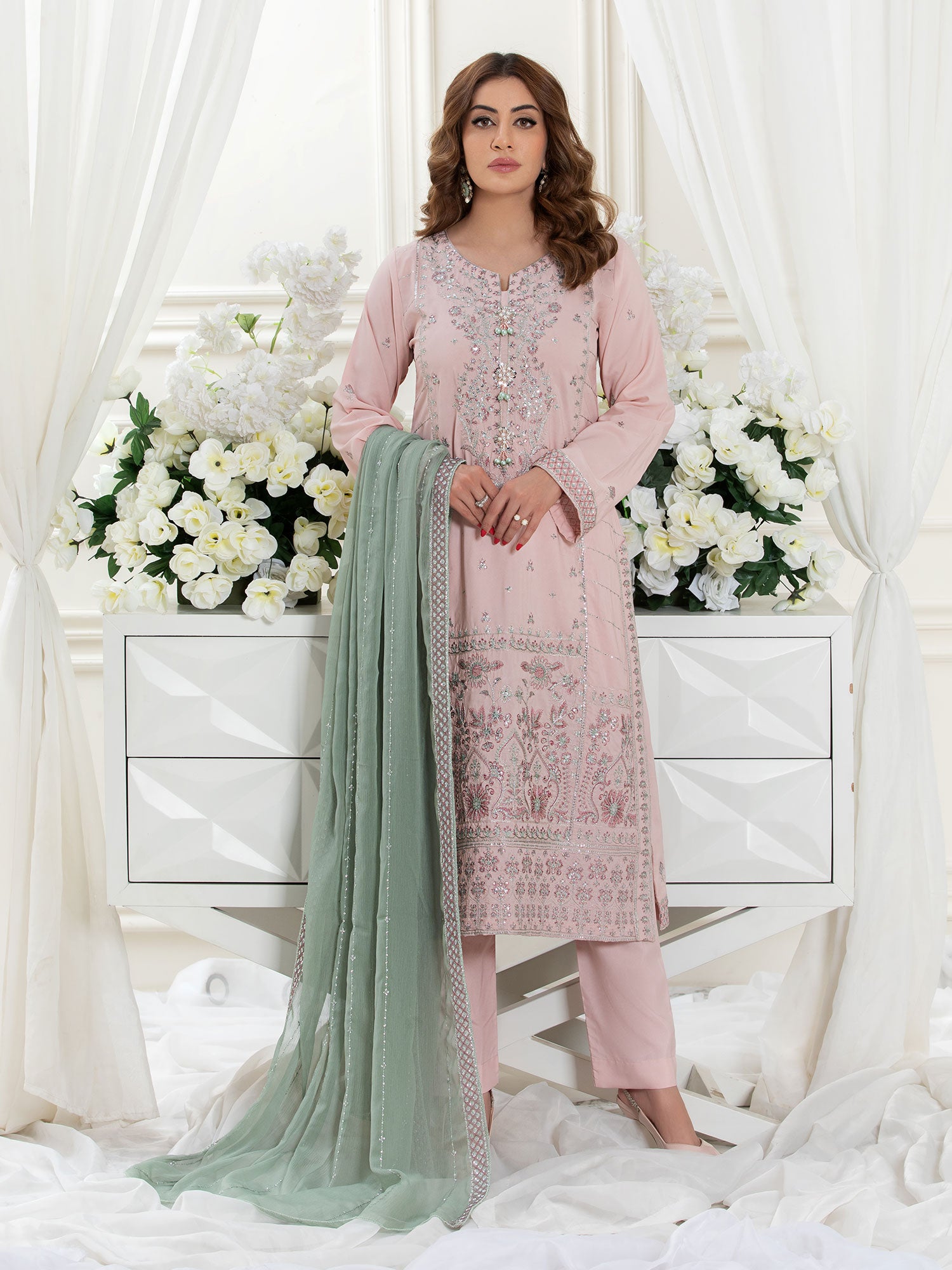 Heera's Light Pink Embroidered Cambric Cotton Suit