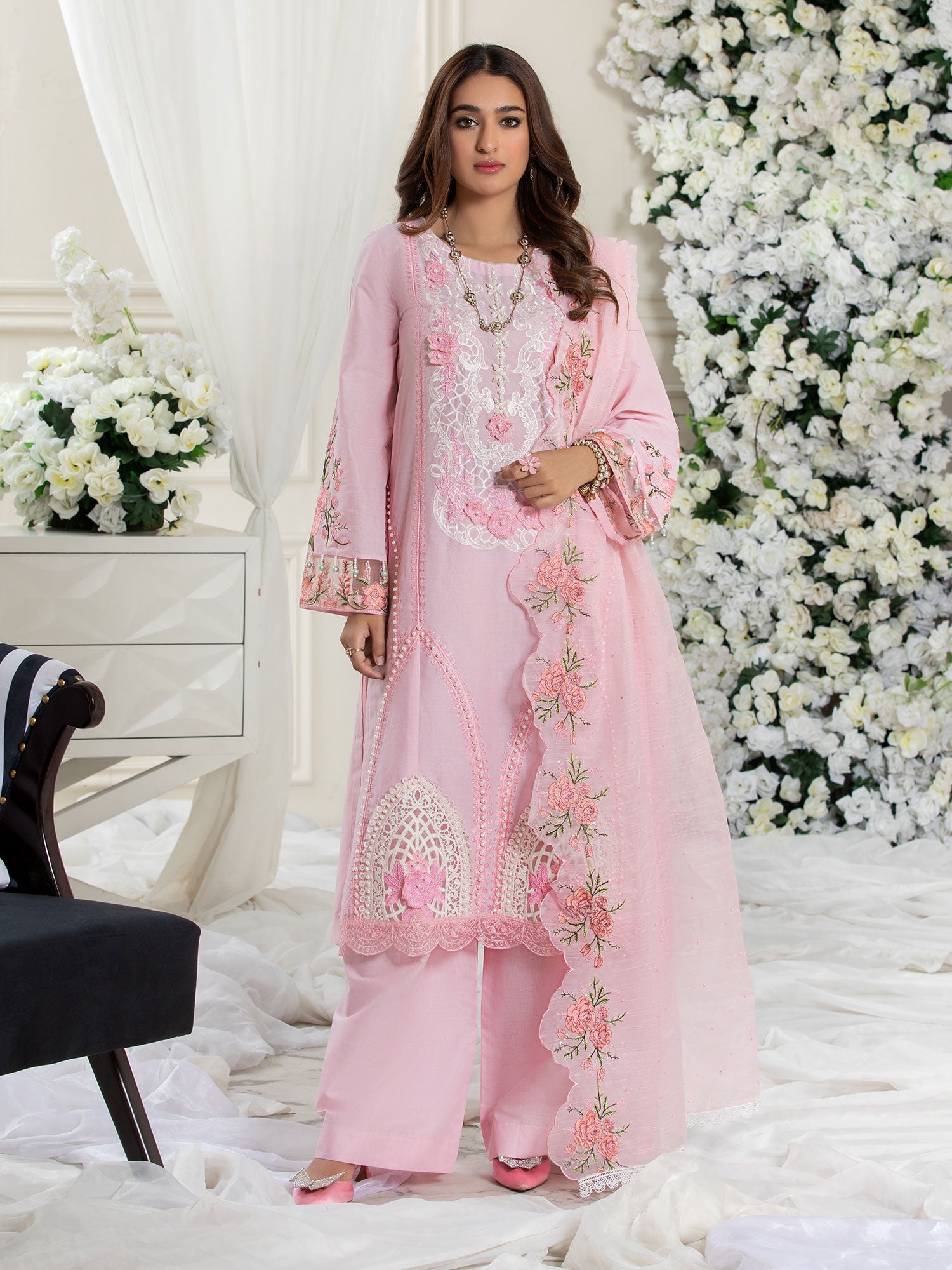 Heera's Pink Floral Embroidered Cambric Cotton Suit