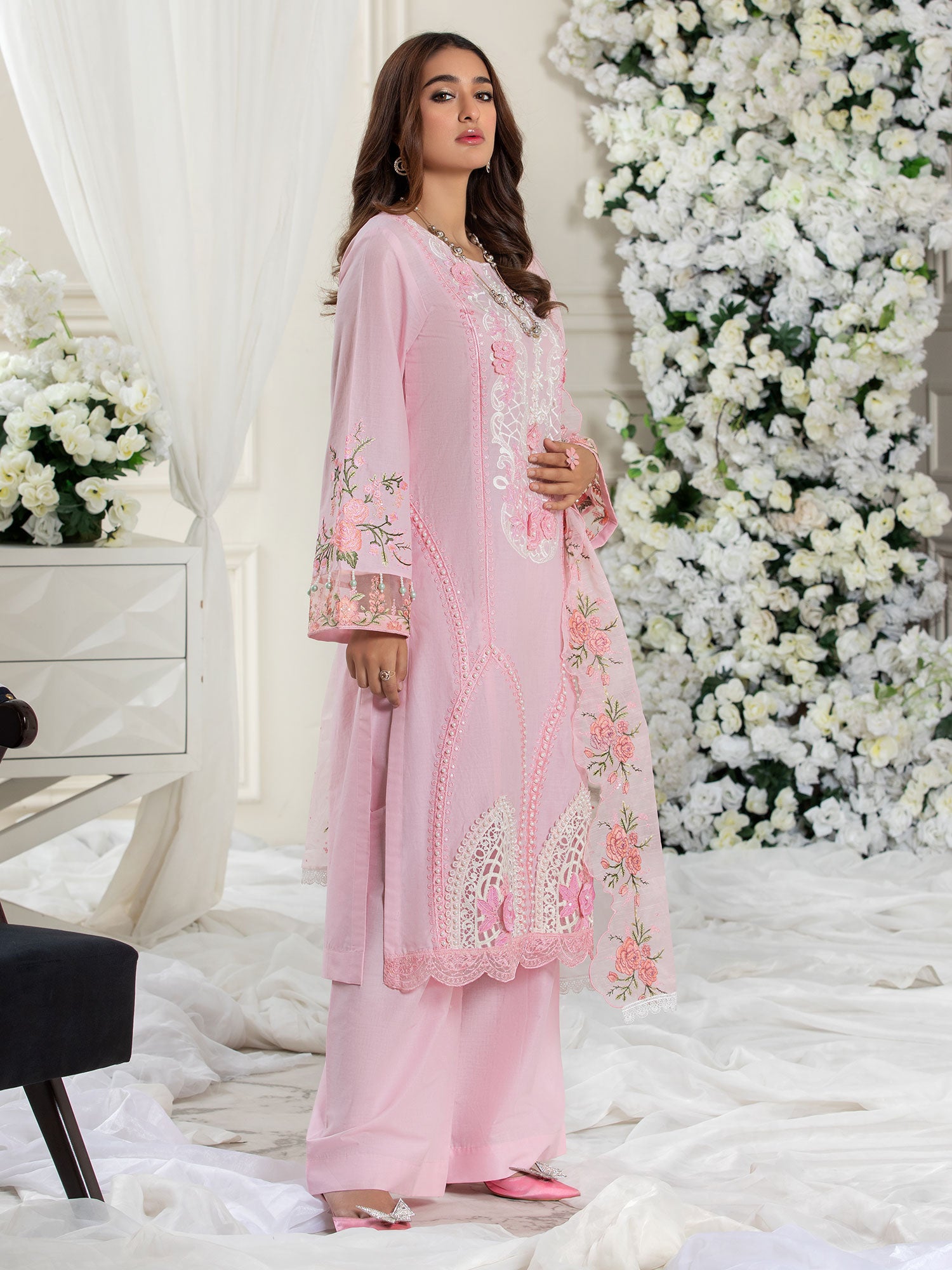 Heera's Pink Floral Embroidered Cambric Cotton Suit