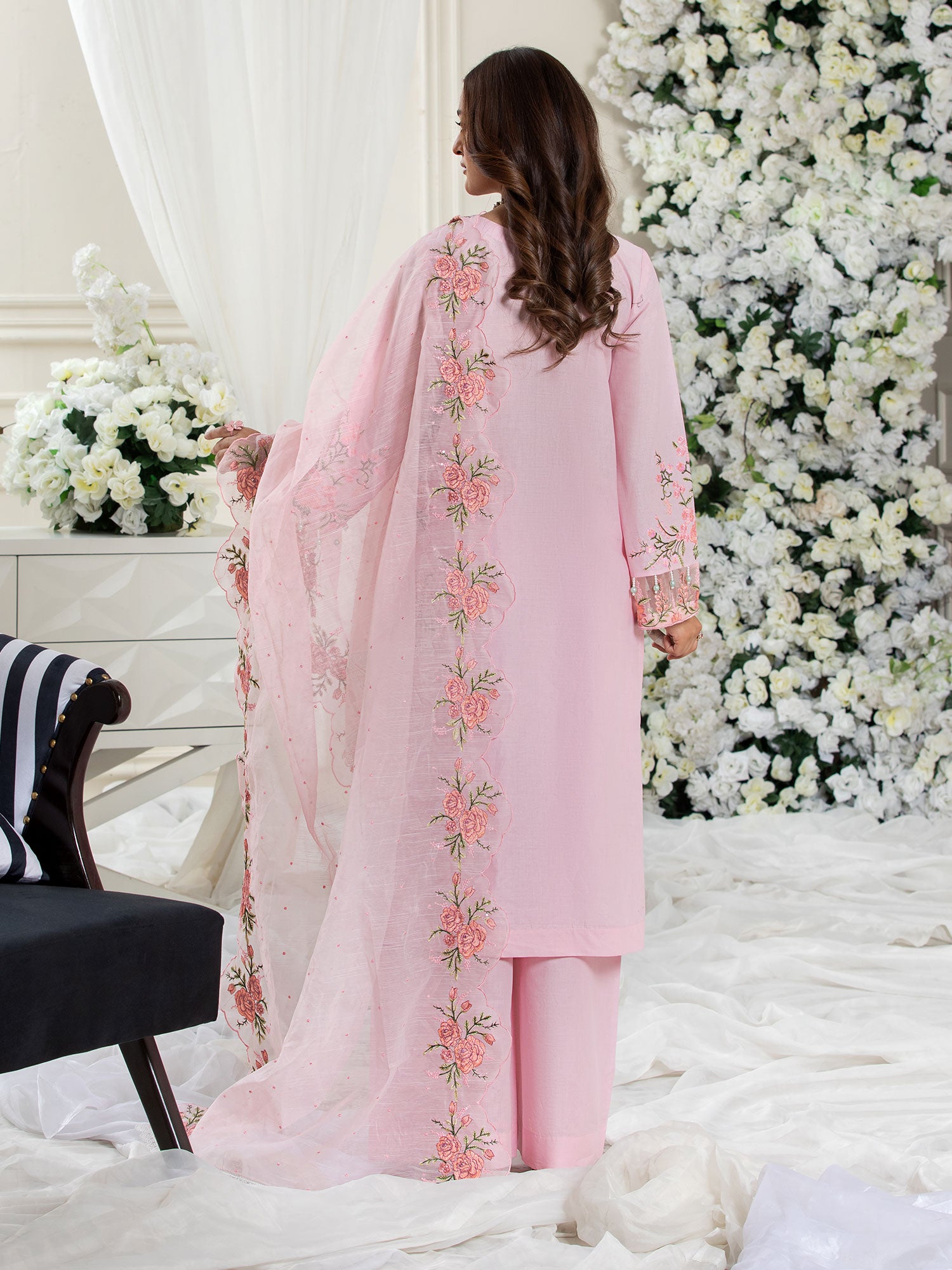 Heera's Pink Floral Embroidered Cambric Cotton Suit