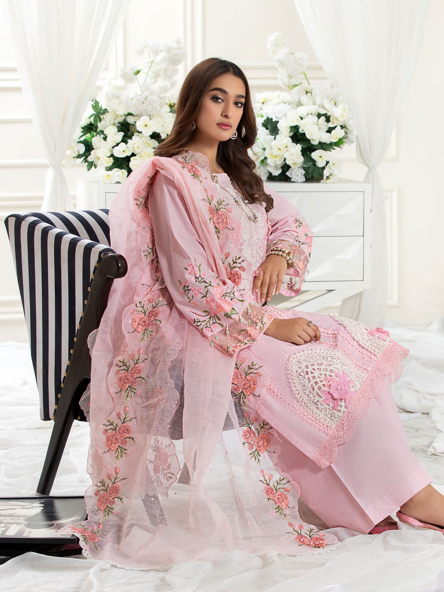 Heera's Pink Floral Embroidered Cambric Cotton Suit