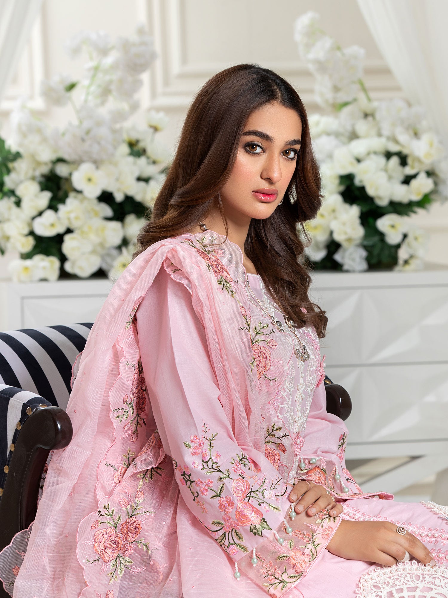 Heera's Pink Floral Embroidered Cambric Cotton Suit